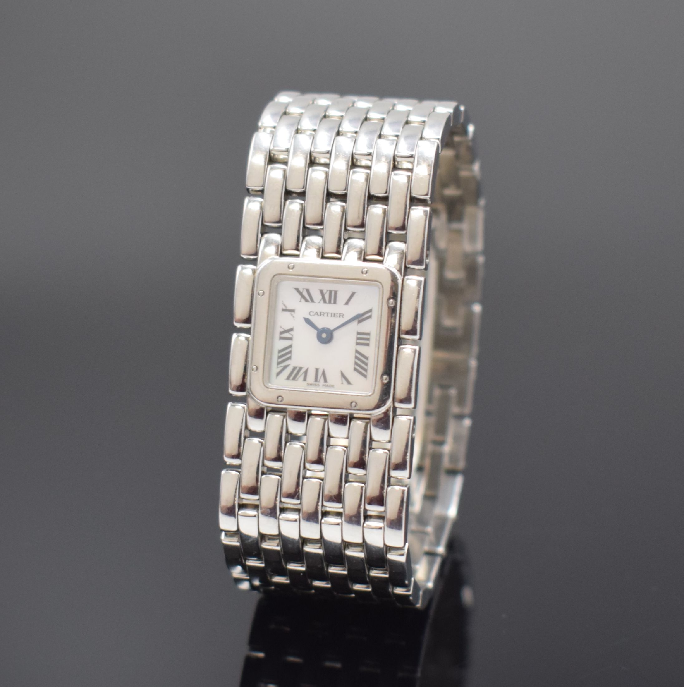 CARTIER Panthere Manchette Ruban Damenuhr in Stahl, Schweiz um 2000, quartz, 9-reihiges feines Gliederband m. Doppelfaltschl., darin einges. ...
