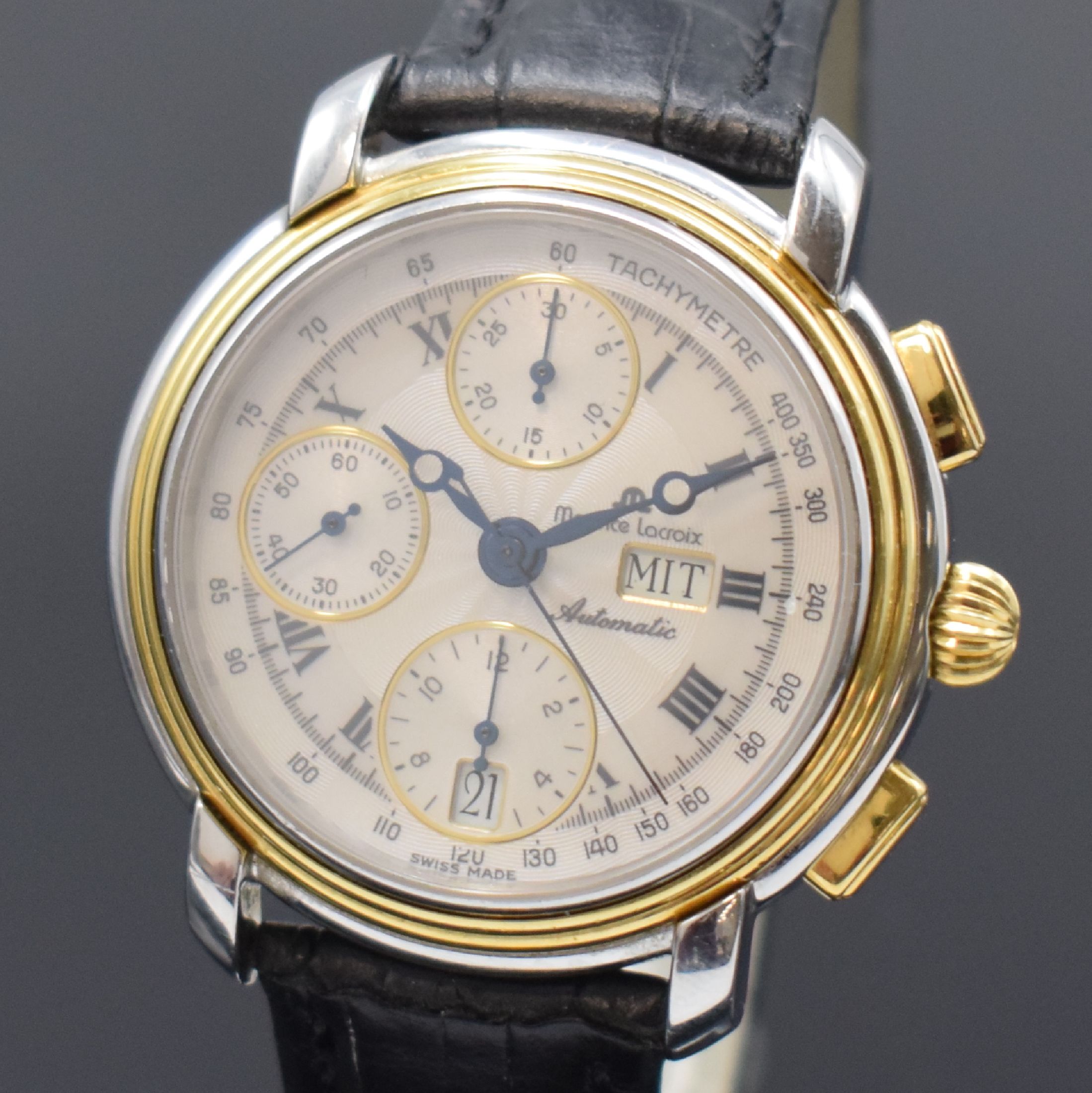 Detail a: MAURICE LACROIX Armbandchronograph, Schweiz um 1995, Automatik, beids. vergl. Stahlgeh. z. T. verg., Boden aufgedr., silb. transluzid lack. ...