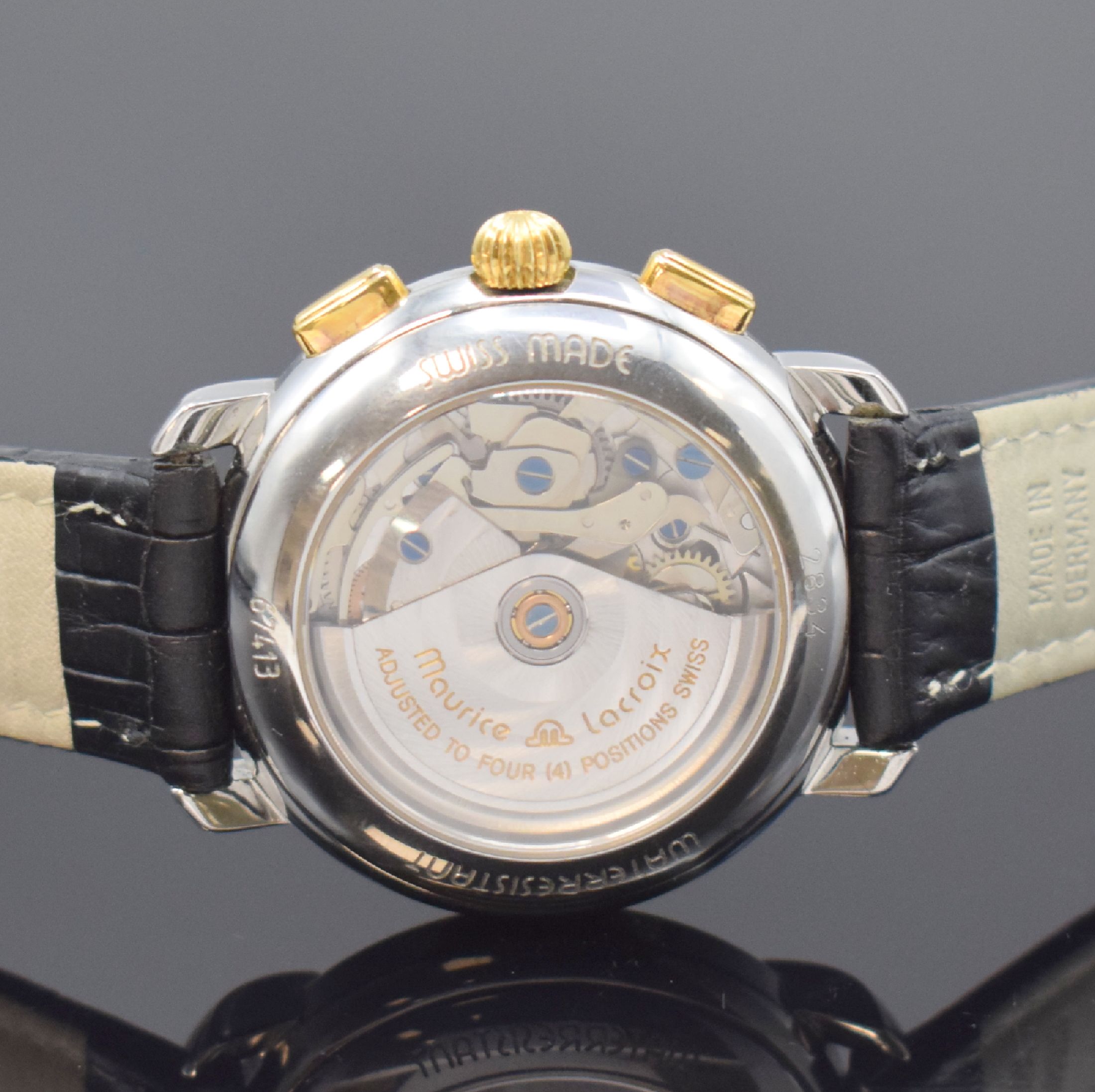 Detail c: MAURICE LACROIX Armbandchronograph, Schweiz um 1995, Automatik, beids. vergl. Stahlgeh. z. T. verg., Boden aufgedr., silb. transluzid lack. ...