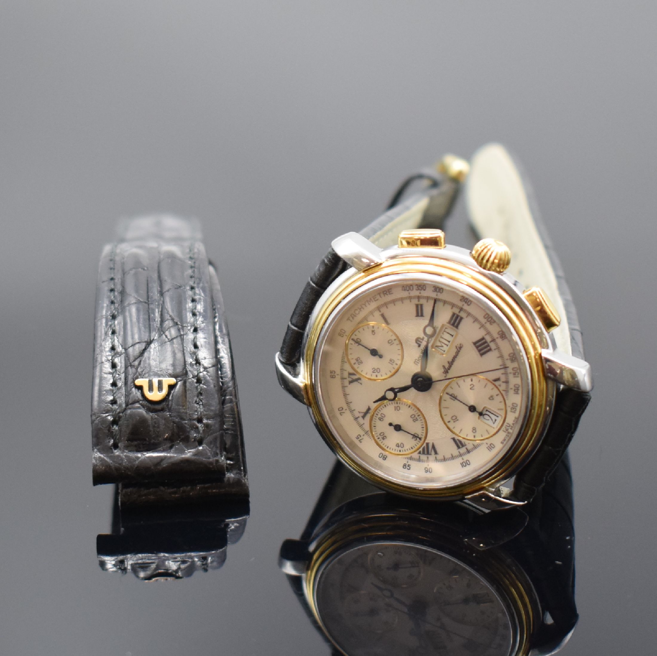 Detail e: MAURICE LACROIX Armbandchronograph, Schweiz um 1995, Automatik, beids. vergl. Stahlgeh. z. T. verg., Boden aufgedr., silb. transluzid lack. ...
