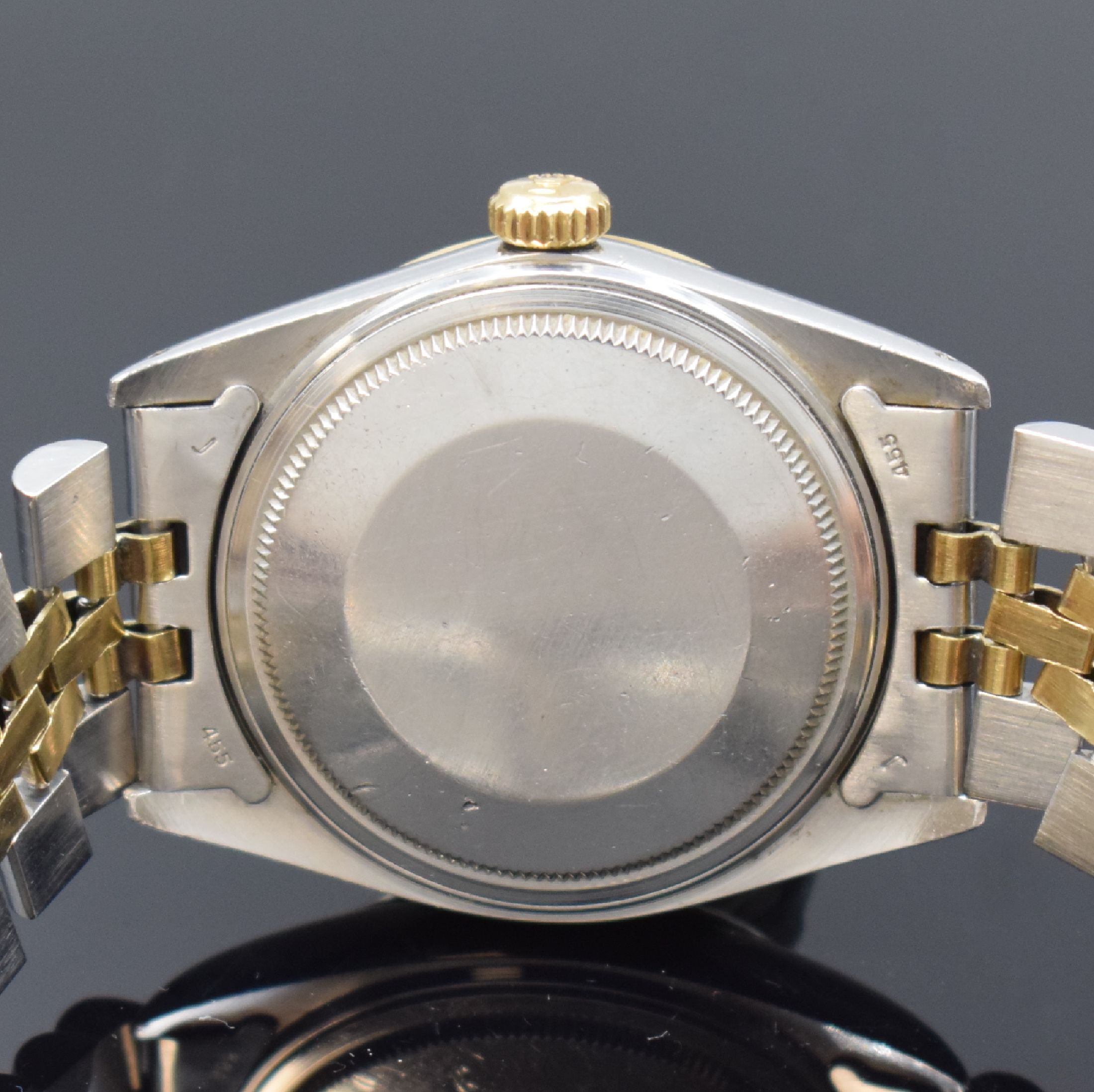 Detail e: ROLEX Herrenarmbanduhr Oyster Perpetual Datejust Referenz 16013, Automatik, Schweiz um 1980, Chronometer der Superlative in Edelstahl/Gold kombiniert ...
