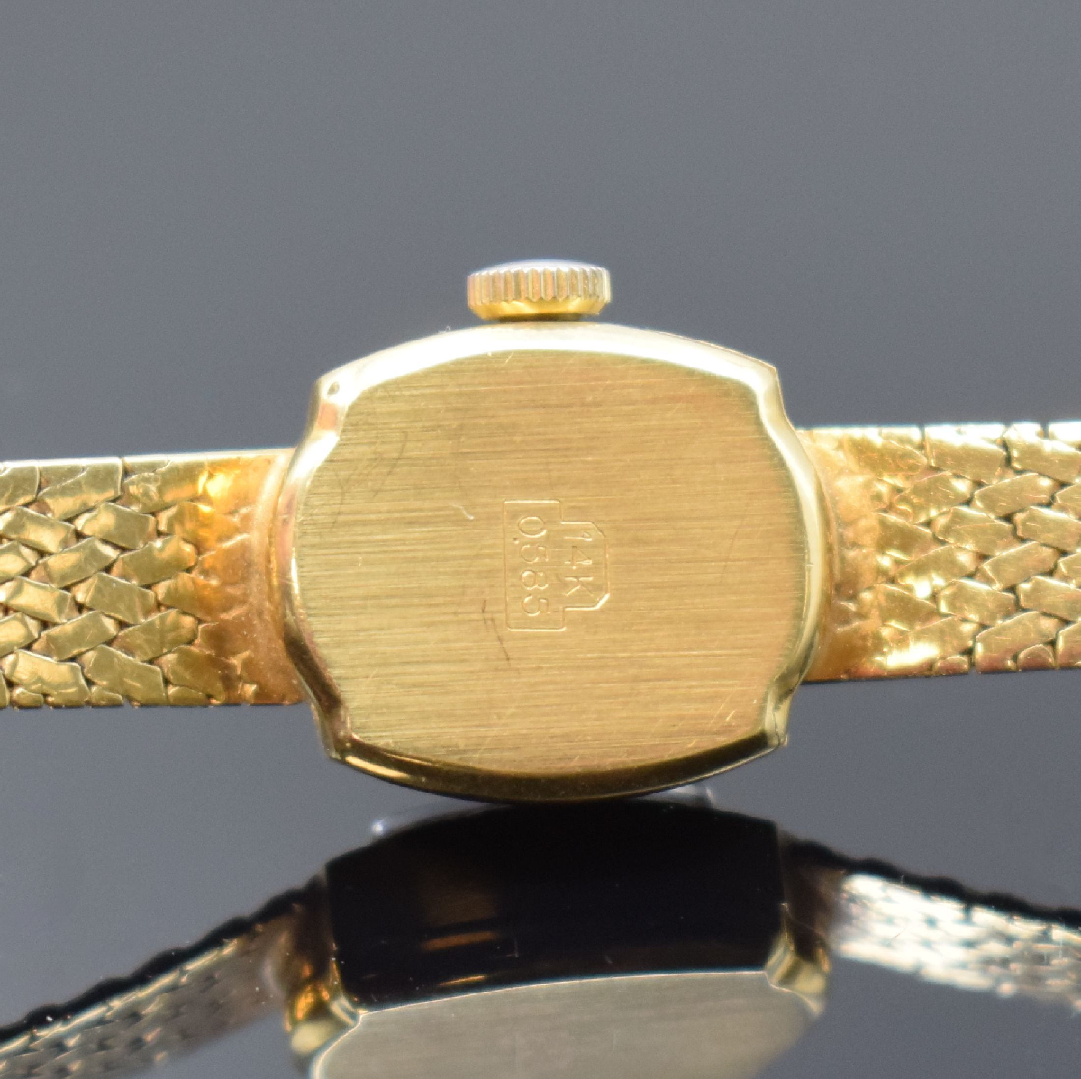 Detail c: ORDIAM Damengoldbanduhr in GG 585/000, Schweiz um 1975, Handaufzug, GG 585/000 Band, Boden aufgedr., silb. Zifferbl. pat., aufgel. Std.-Ind., M. ca. ...