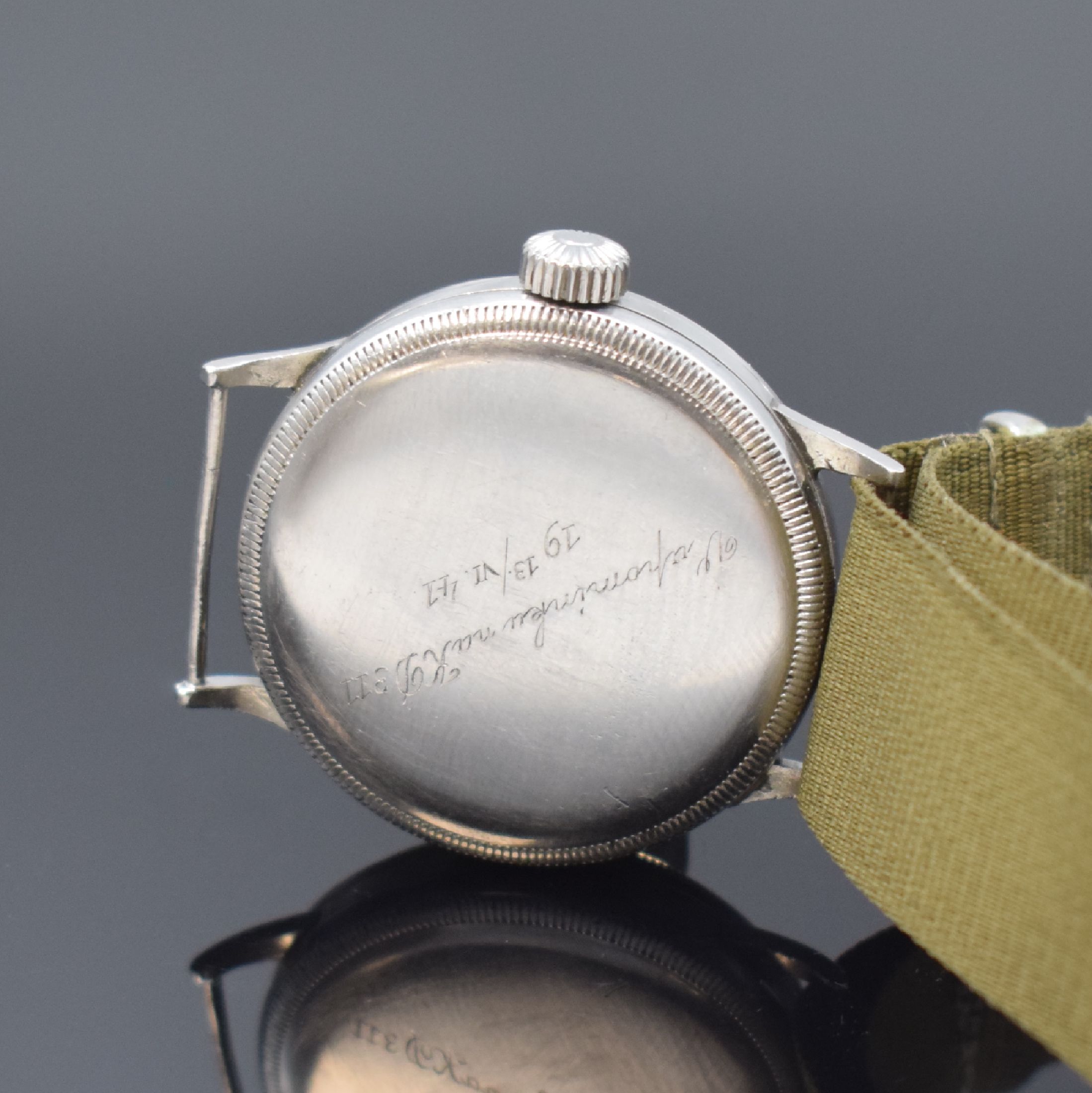 Detail c: GRANA Mk IX extrem seltene Fliegeruhr in Stahl, Schweiz um 1940, Handaufzug, beids. verschraubtes Geh., Riffel-Drehlünette m. innen-liegender ...