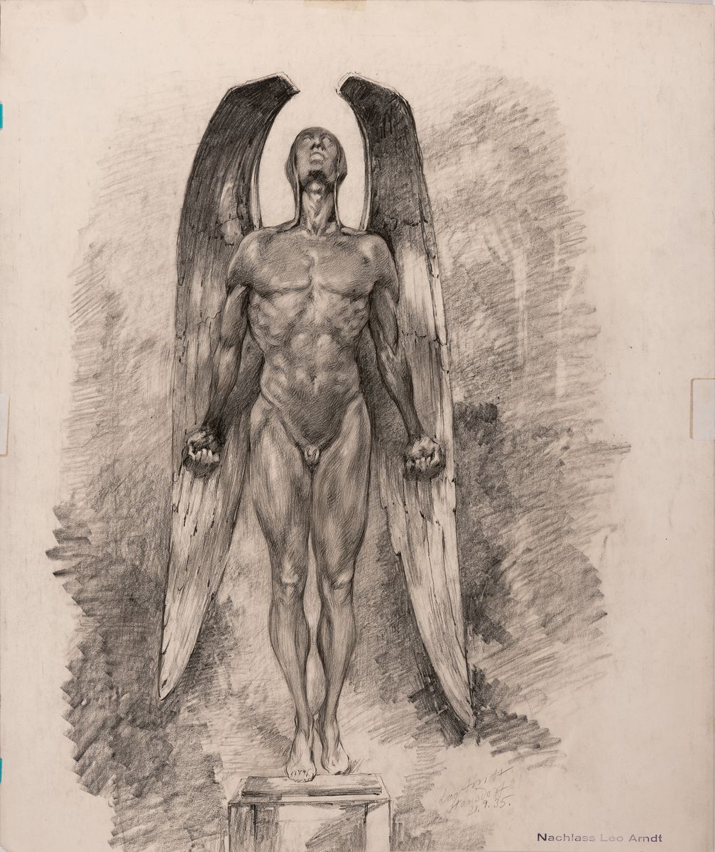 Detail k: Leo Arndt, 1857 Eilenburg - 1945 Berlin, Bleistiftzeichnung auf dickem Papier, wohl Entwurfskizze für ein Denkmal, geflügelter Ikarus auf Plinthe, ...