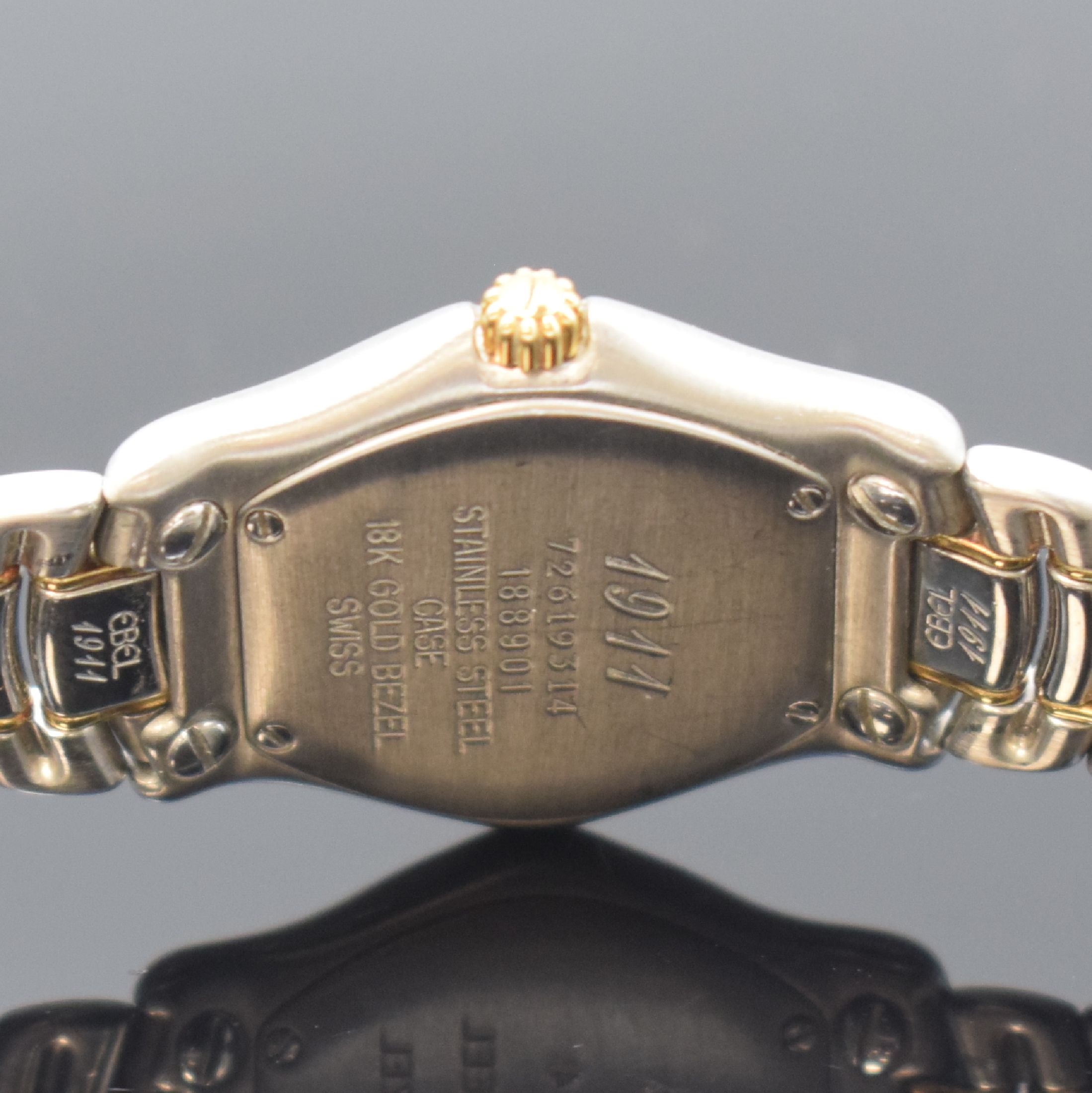 Detail c: EBEL 1911 Damenarmbanduhr in Stahl/Gold Referenz 188901, Schweiz um 1995, quarz, Boden 4-fach verschr., orig. Gliederband m. Faltschl., 5-fach ...
