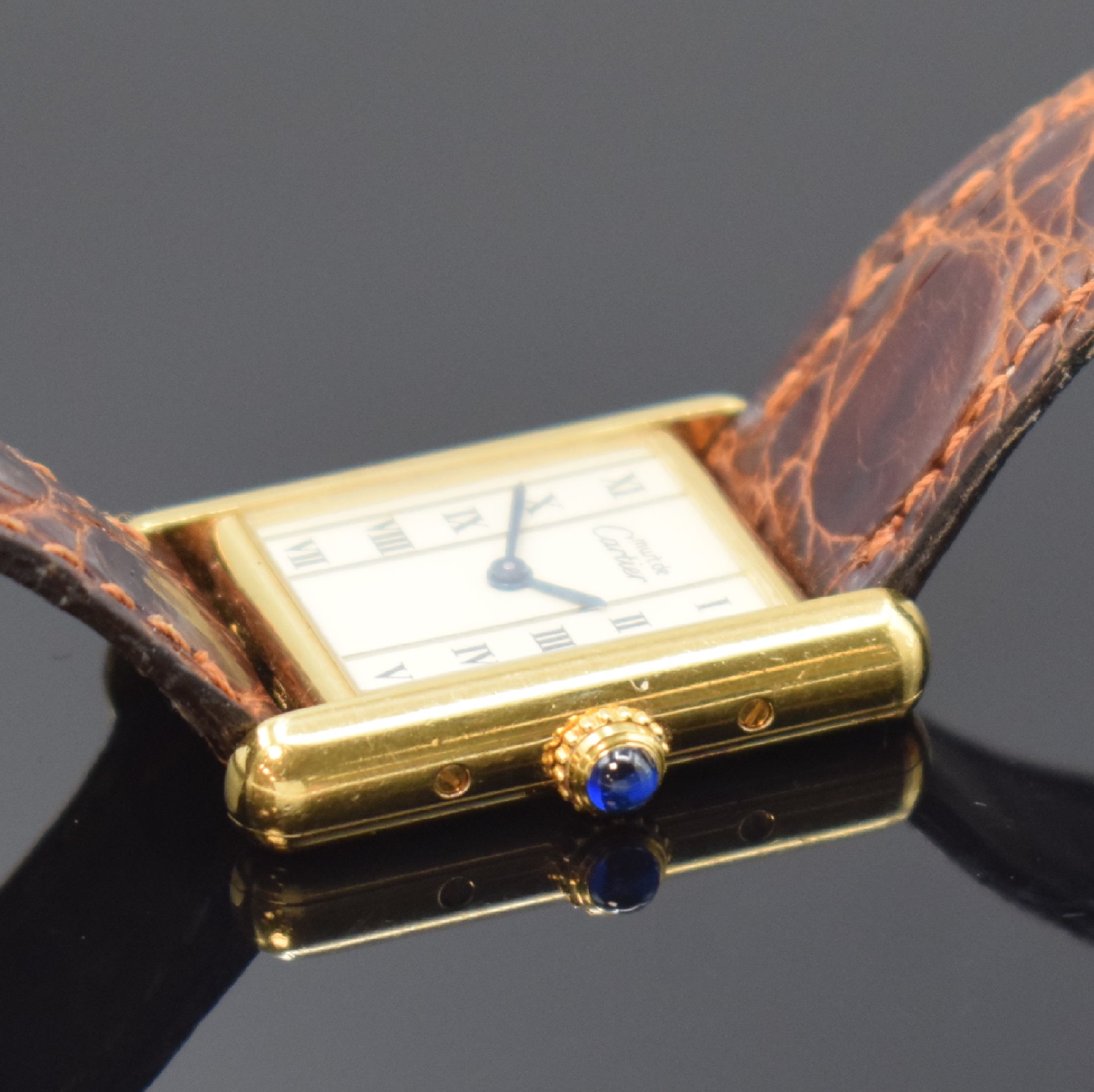 Detail b: CARTIER Paris Damenarmbanduhr Tank Vermeil Referenz 5057001, Schweiz 1990er Jahre, verg. Silbergeh. inkl. orig. Lederband m. orig. Dornschl., quarz, ...