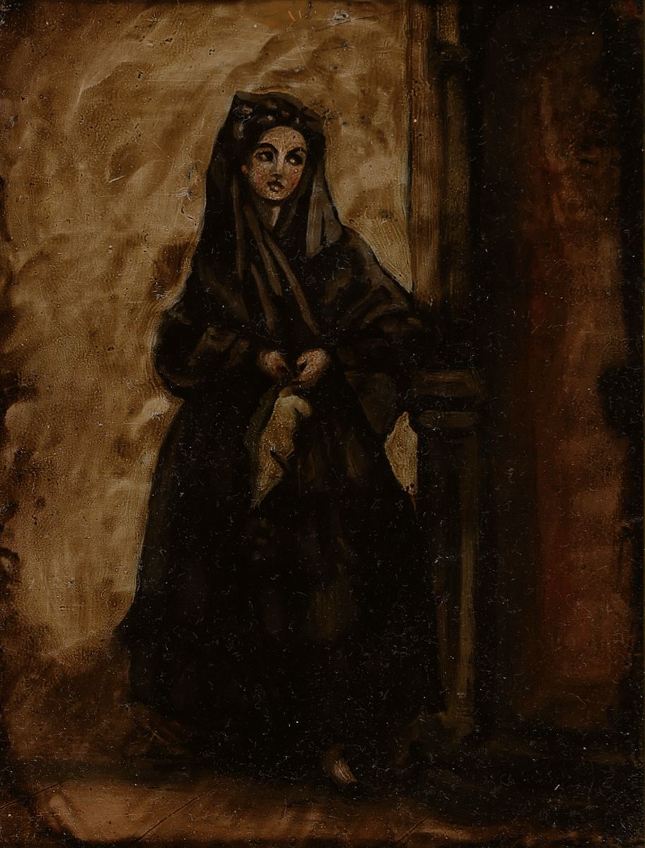 Unbekannter Künstler, Südamerika, wohl Mexiko, um 1780-1820, Öl auf gehämmerter Kupferplatte, Darstellung einer jungen Frau in dunkler Kleidung ...