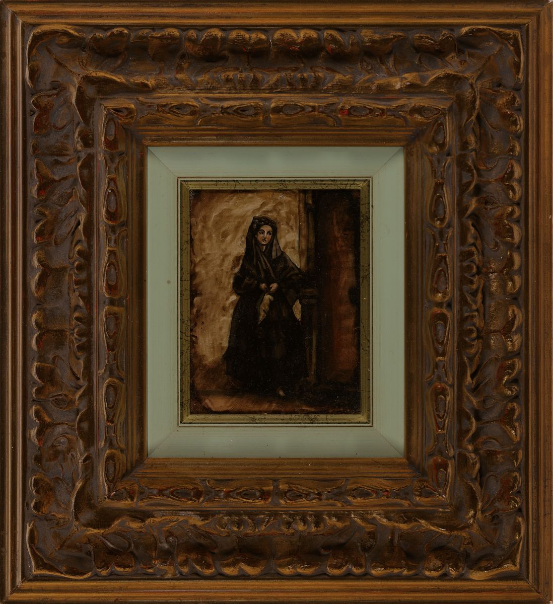 Detail k: Unbekannter Künstler, Südamerika, wohl Mexiko, um 1780-1820, Öl auf gehämmerter Kupferplatte, Darstellung einer jungen Frau in dunkler Kleidung ...