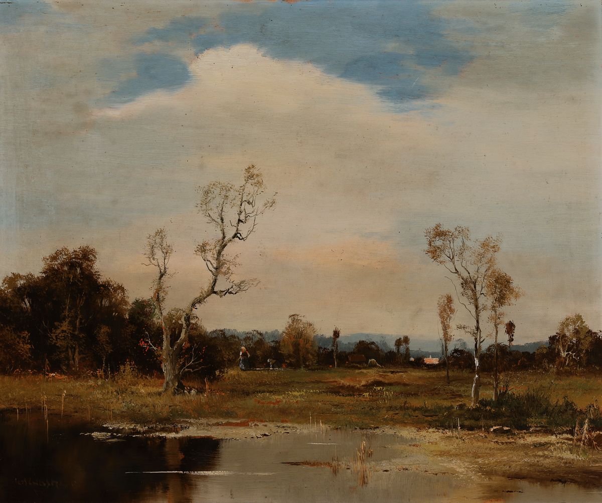 Ludwig Gschossmann, 1901 München-1988 Tegernsee, Landschaft im Dachauer Moos, Öl/Hartfaser, links unten signiert, ca. 50x60cm, R. ca. 68x78cm