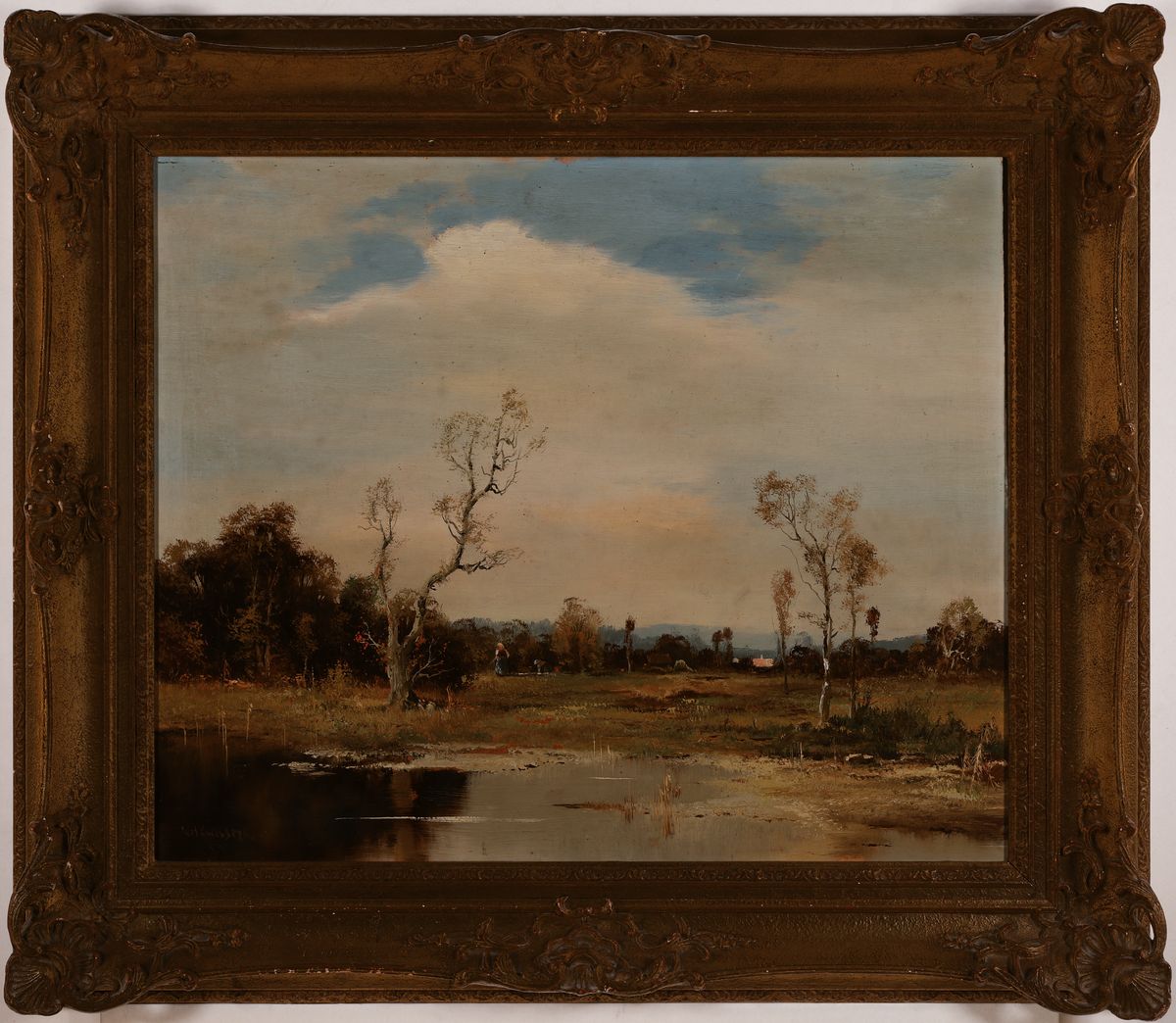 Detail k: Ludwig Gschossmann, 1901 München-1988 Tegernsee, Landschaft im Dachauer Moos, Öl/Hartfaser, links unten signiert, ca. 50x60cm, R. ca. 68x78cm
