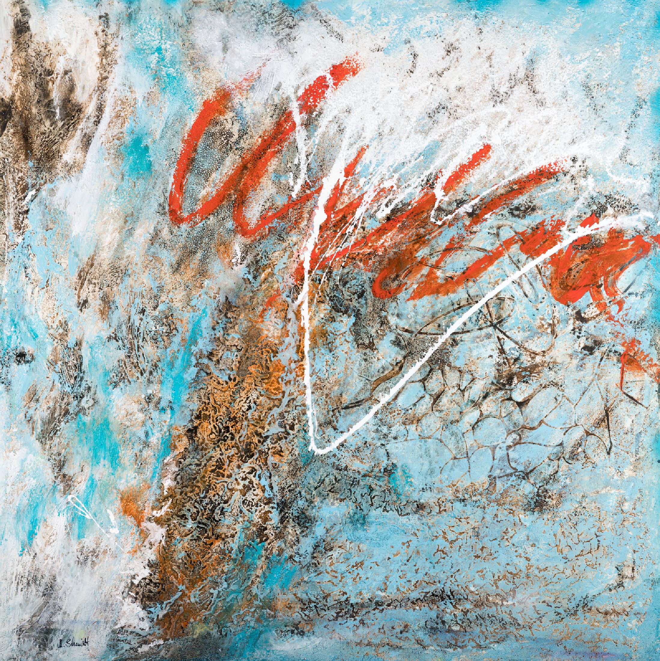 Marion Schmidt, geb. 1963 Eschwege, The Beginning, Spachtelmasse/Acryl/Öl, links unten signiert, ca. 100x100cm