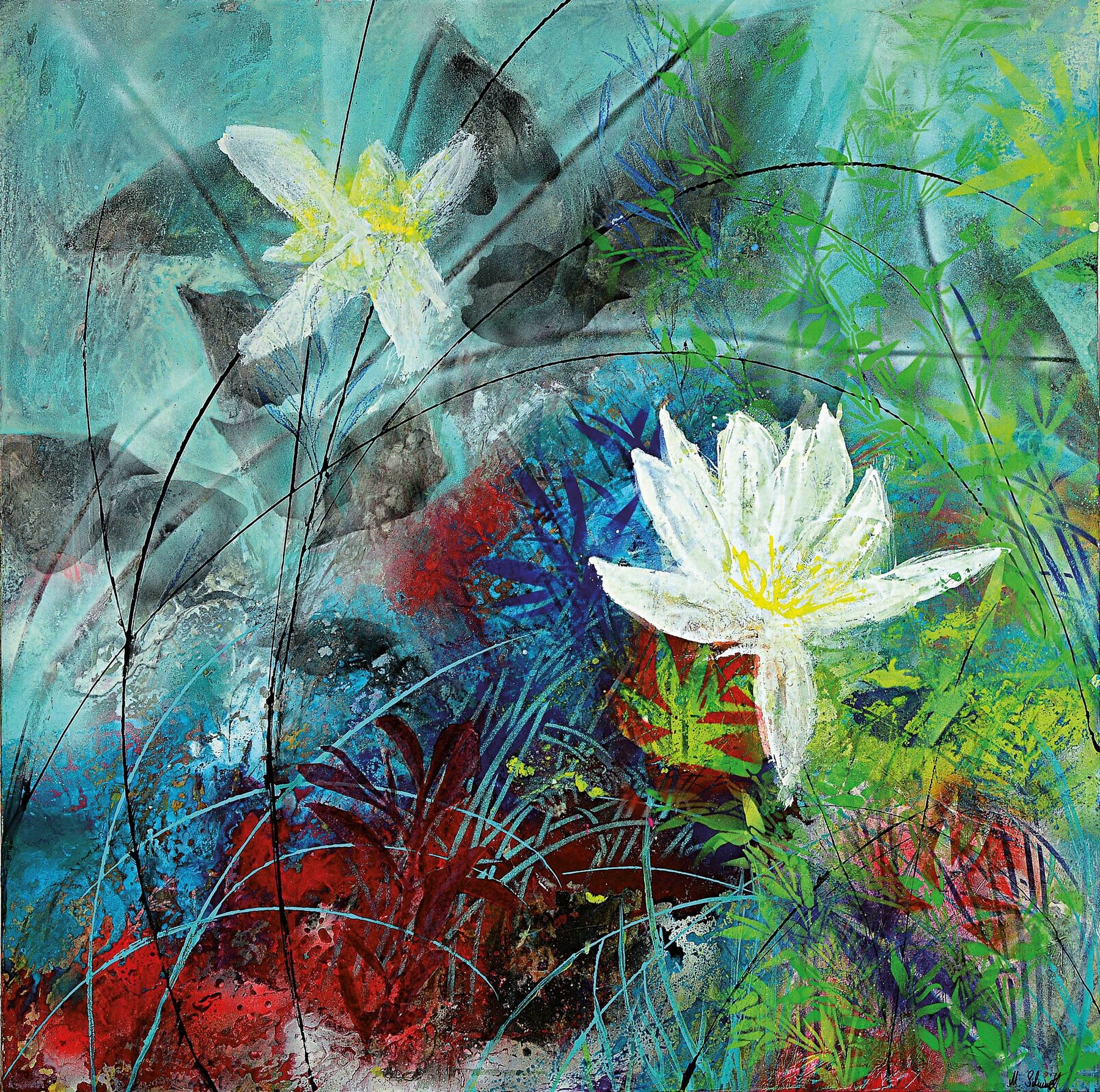 Marion Schmidt, geb. 1963 Eschwege, Lotus Pond, Acryl und Öl auf Lwd, rechts unten signiert, ca. 100x100cm