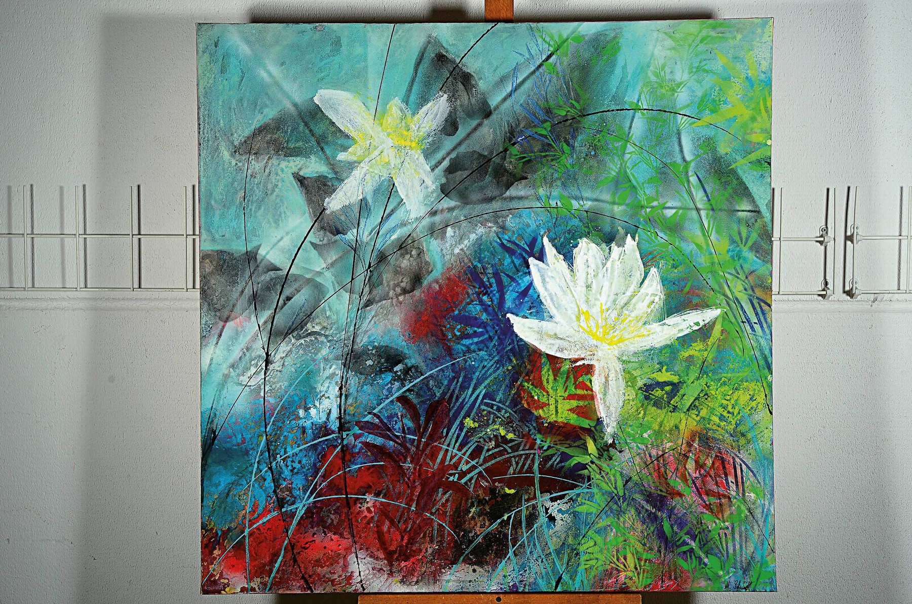 Detail k: Marion Schmidt, geb. 1963 Eschwege, Lotus Pond, Acryl und Öl auf Lwd, rechts unten signiert, ca. 100x100cm