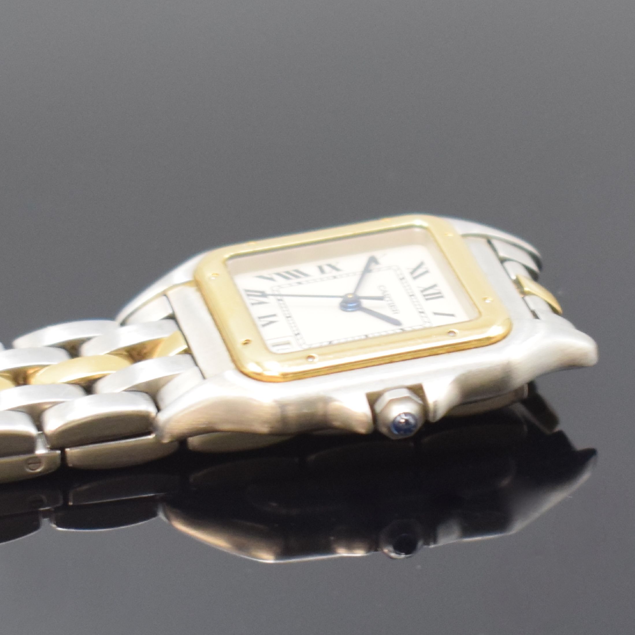 Detail c: CARTIER Panthere Damenarmbanduhr in Stahl/Gold, Schweiz um 1995, quarz, Ref. 1100, 8-fach verschr. Geh., orig. Stahl/GG- Band m. doppel. Faltschl., ...