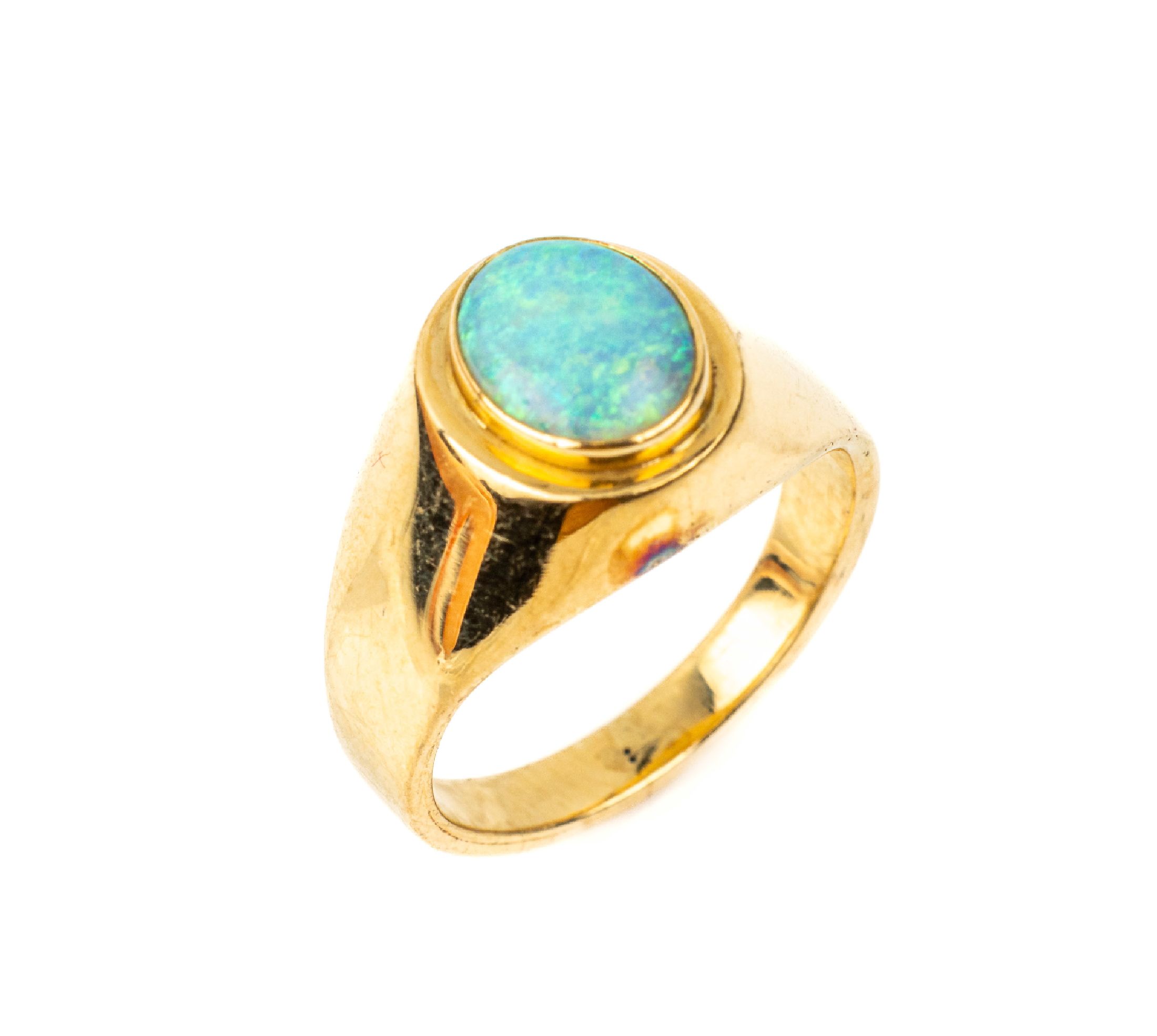 18 kt Gold Opal Ring, GG 750/000, Meistermarke HSH ligiert, hochfeiner Opal- Cabochon ca. 1.0 ct, total ca. 5.5 g, RW 48