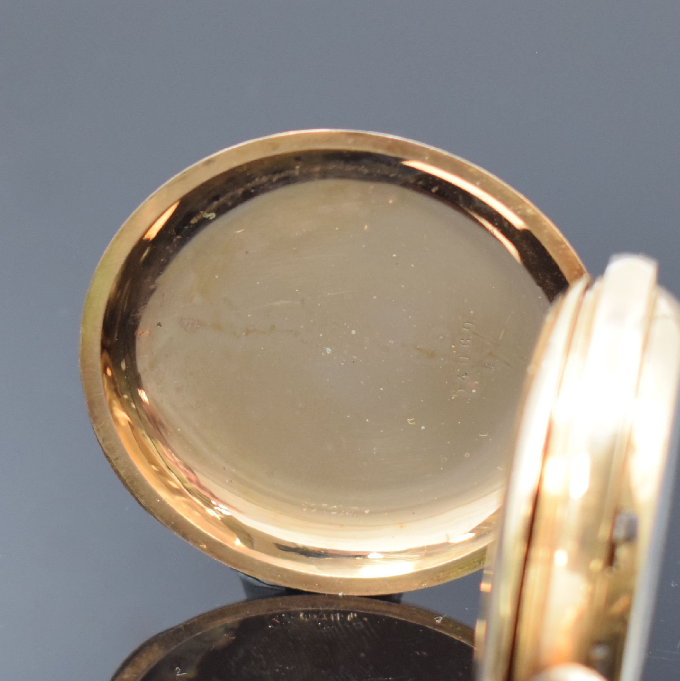 Detail c: SYSTEME GLASHÜTTE Herrensavonette in RG 585/000, Schweiz / Deutschland um 1900, glattes 3-Deckel Goldgeh., Sprungdeckelscharnier defekt, ...