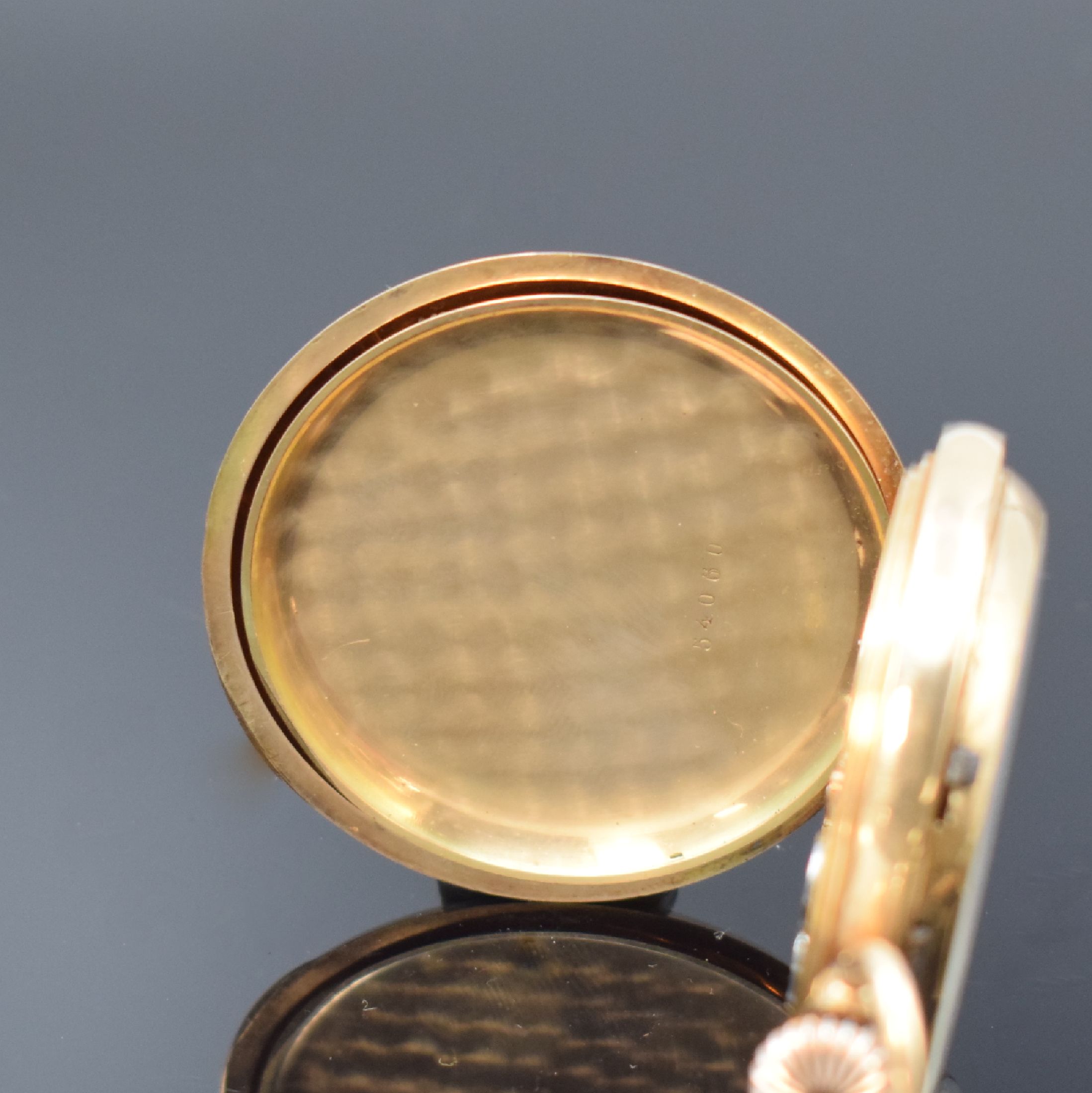 Detail e: SYSTEME GLASHÜTTE Herrensavonette in RG 585/000, Schweiz / Deutschland um 1900, glattes 3-Deckel Goldgeh., Sprungdeckelscharnier defekt, ...