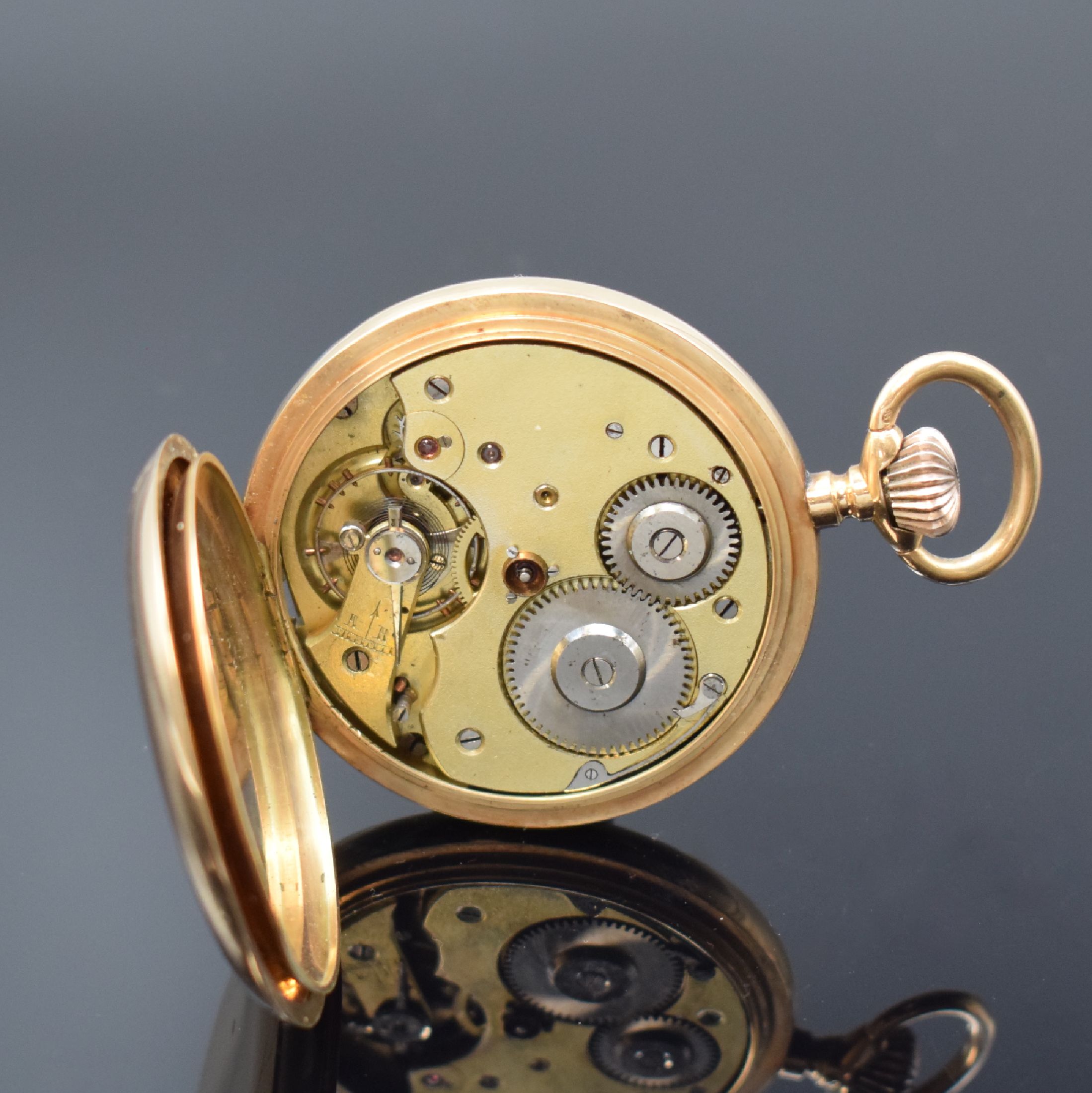 Detail f: SYSTEME GLASHÜTTE Herrensavonette in RG 585/000, Schweiz / Deutschland um 1900, glattes 3-Deckel Goldgeh., Sprungdeckelscharnier defekt, ...