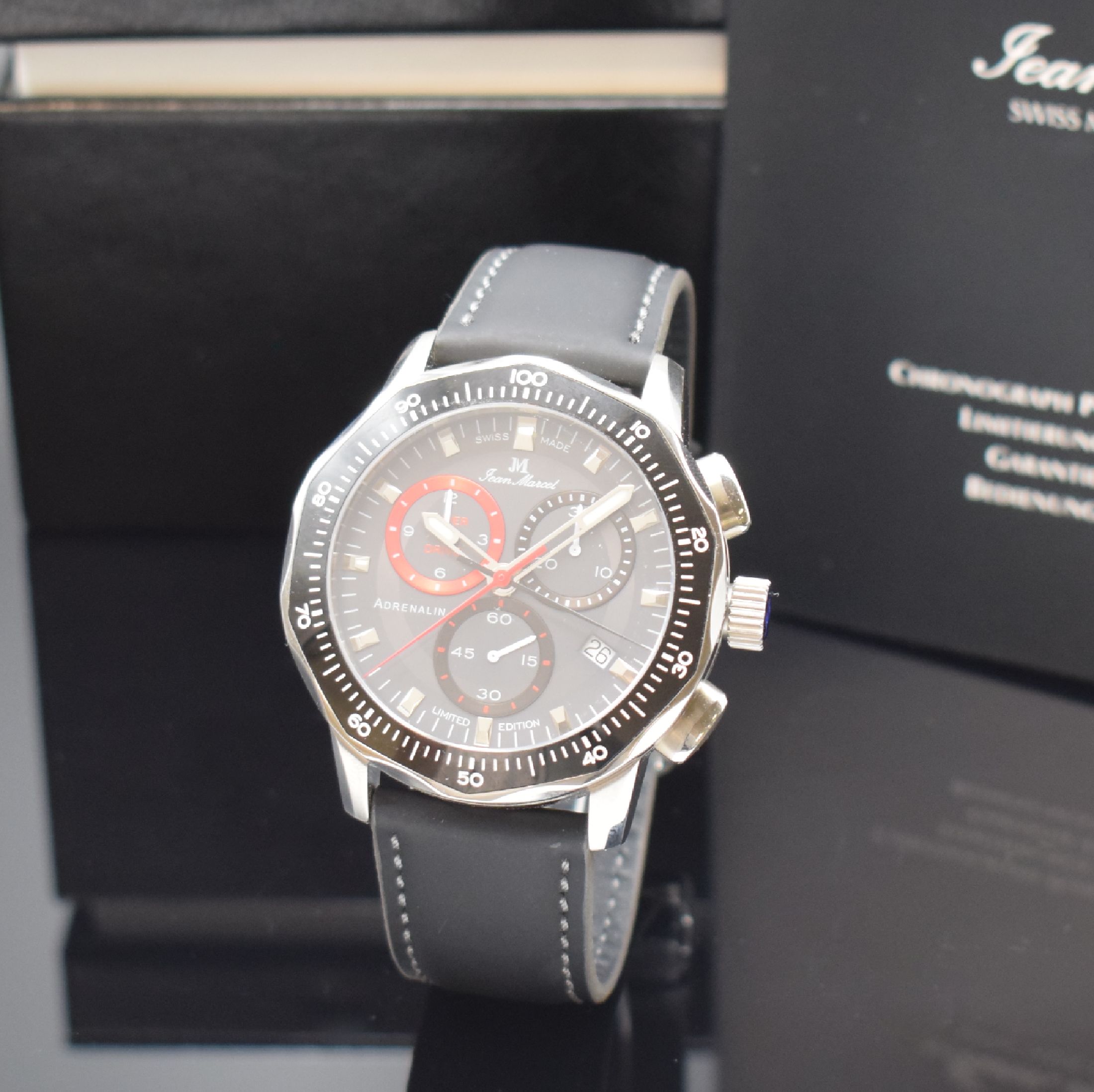 JEAN MARCEL Adrenalin limitierter 1/100-Sek.- Chronograph in Stahl, Schweiz um 2020, quartz, 5-fach verschr. Geh., schwarze Lünette m. 100er-Tlg., ...
