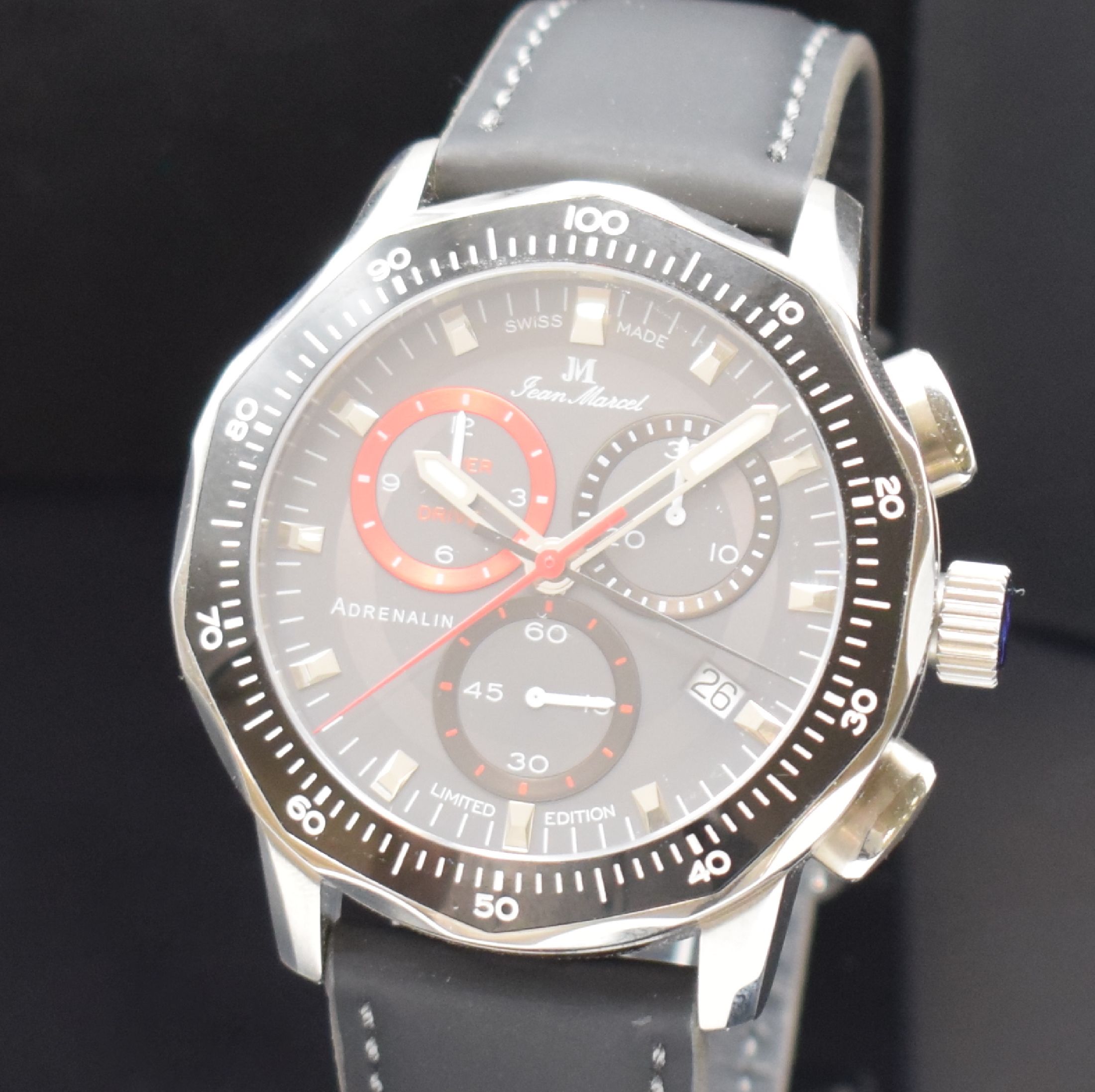 Detail a: JEAN MARCEL Adrenalin limitierter 1/100-Sek.- Chronograph in Stahl, Schweiz um 2020, quartz, 5-fach verschr. Geh., schwarze Lünette m. 100er-Tlg., ...