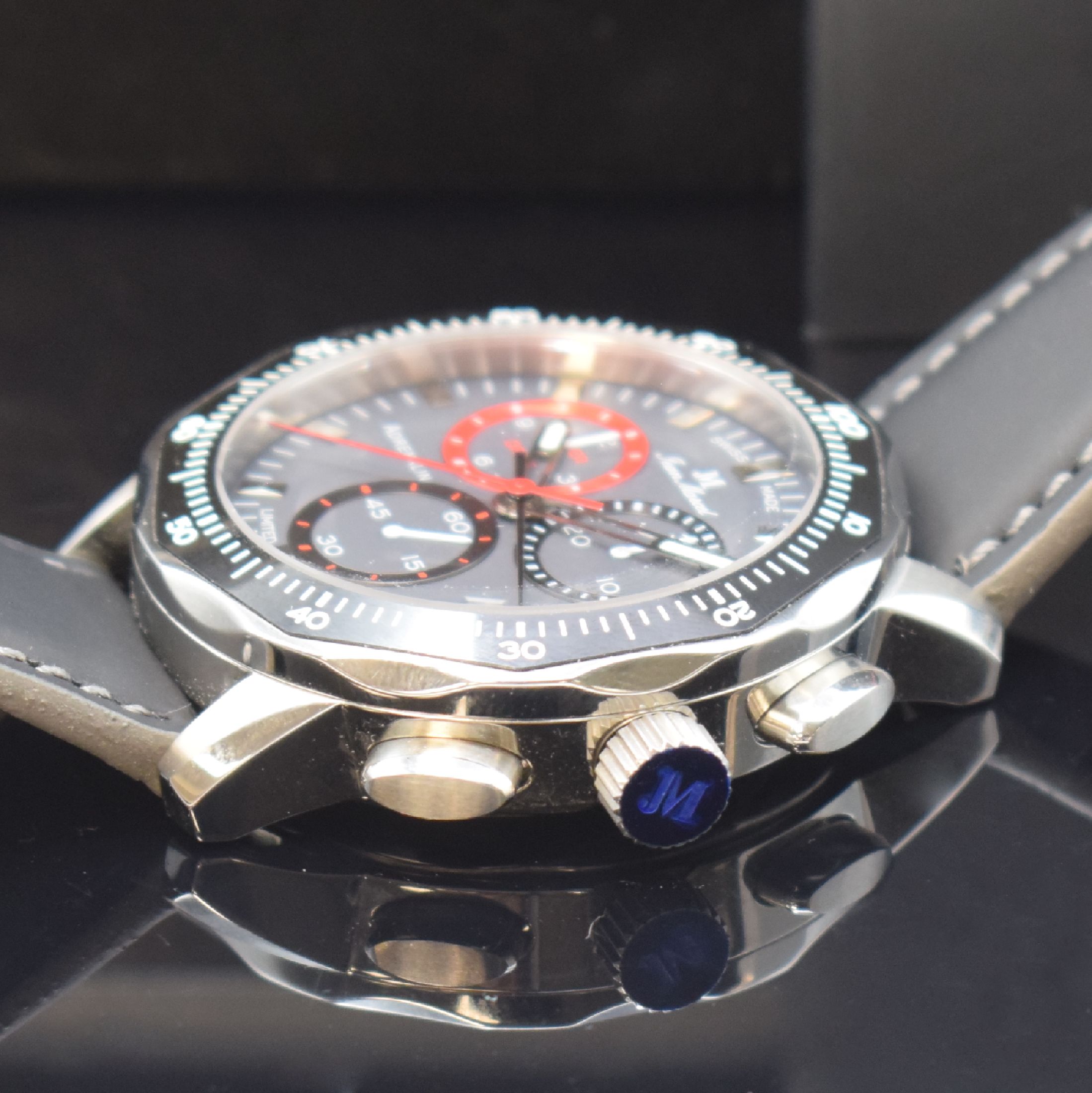 Detail c: JEAN MARCEL Adrenalin limitierter 1/100-Sek.- Chronograph in Stahl, Schweiz um 2020, quartz, 5-fach verschr. Geh., schwarze Lünette m. 100er-Tlg., ...