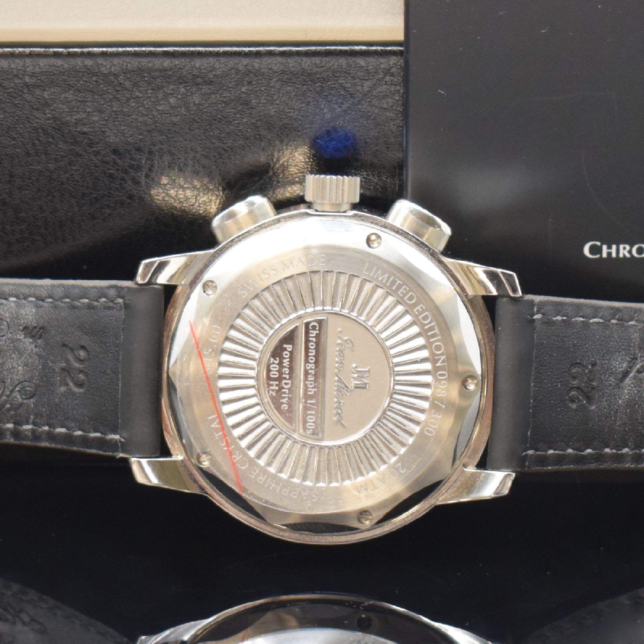Detail d: JEAN MARCEL Adrenalin limitierter 1/100-Sek.- Chronograph in Stahl, Schweiz um 2020, quartz, 5-fach verschr. Geh., schwarze Lünette m. 100er-Tlg., ...