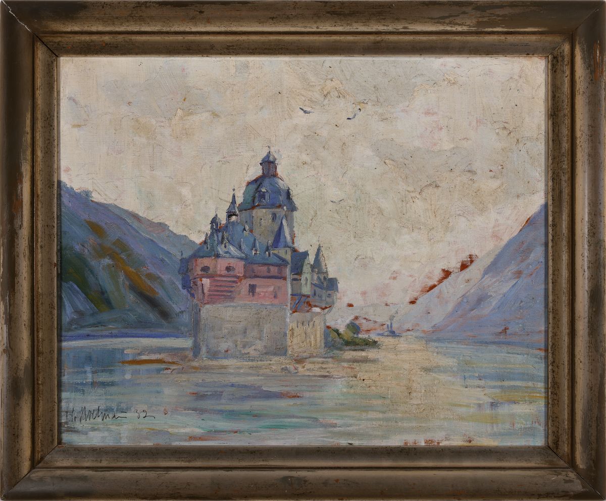 Detail k: Ungedeuteter Künstler des frühen 20.Jh., Burg Pfalzgrafenstein, Öl/Holzplatte, links unten signiert Kirchmaier o.ä. und datiert 1932, 40x50 cm, ...