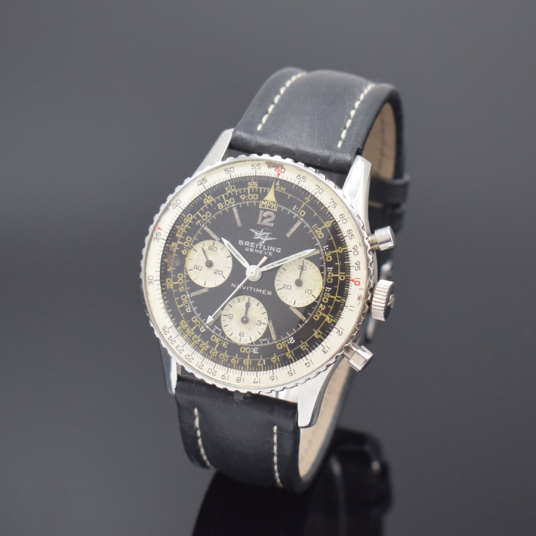 BREITLING Navitimer Fliegerchronograph Referenz 806 in Stahl, Schweiz um 1964, Handaufzug, gedr. Geh., beids. drehb. Rechenschieber-Lünette, orig. ...