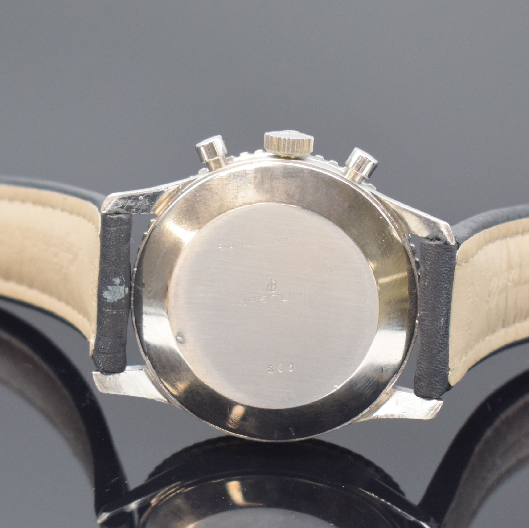 Detail d: BREITLING Navitimer Fliegerchronograph Referenz 806 in Stahl, Schweiz um 1964, Handaufzug, gedr. Geh., beids. drehb. Rechenschieber-Lünette, orig. ...