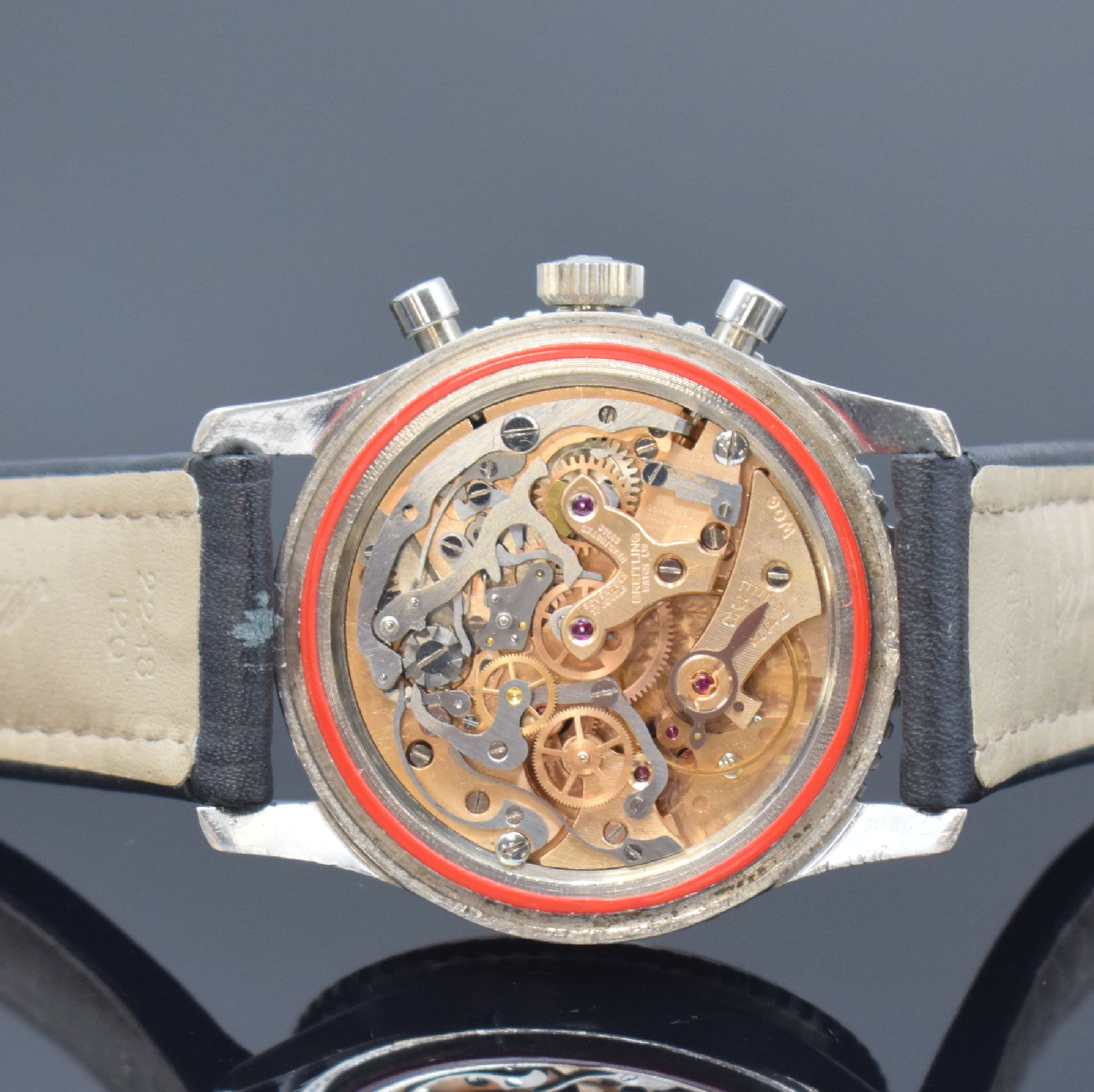 Detail e: BREITLING Navitimer Fliegerchronograph Referenz 806 in Stahl, Schweiz um 1964, Handaufzug, gedr. Geh., beids. drehb. Rechenschieber-Lünette, orig. ...