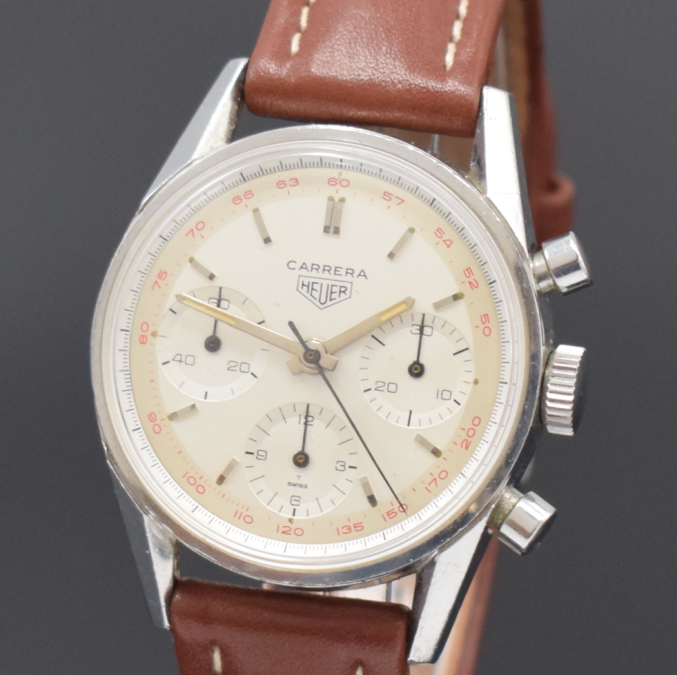 Detail a: HEUER Carrera seltener, legendäre Schaltradchronograph Referenz 2447, Handaufzug, Schweiz 1960er Jahre, Edelstahl, Boden geschr., silb. ...