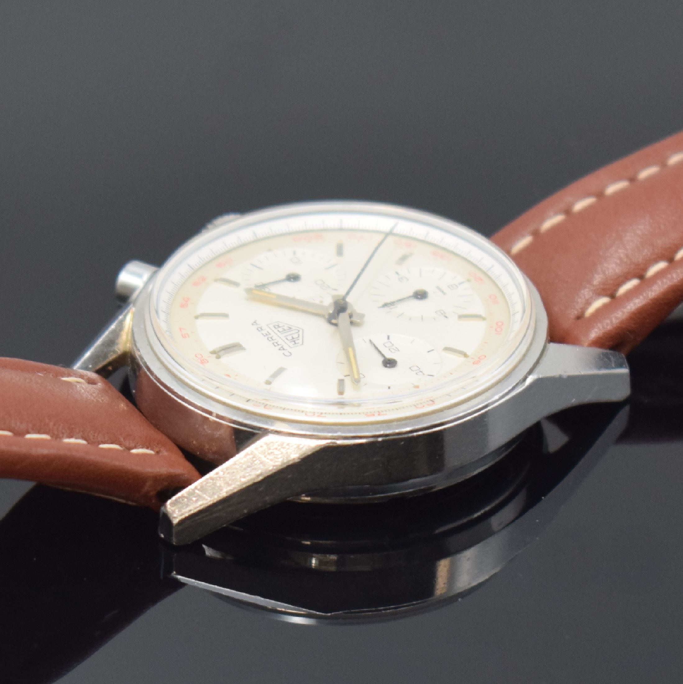 Detail c: HEUER Carrera seltener, legendäre Schaltradchronograph Referenz 2447, Handaufzug, Schweiz 1960er Jahre, Edelstahl, Boden geschr., silb. ...