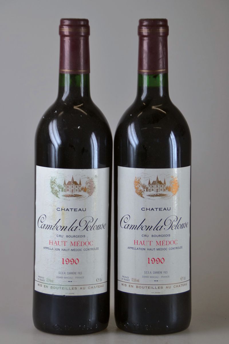 6 Flaschen 1990 Chateau Cambon La Pelouse, Haut-Medoc, je ca. 750ml, 12,5% Vol., mind Into Neck, Etiketten z.T. mit Wasserschaden