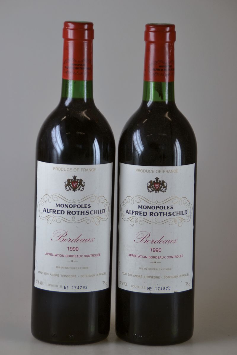 6 Flaschen 1990 Monopoles Alfred Rothschild,Bordeaux, je ca. 750ml, 12% Vol., mind. Top Shoulder