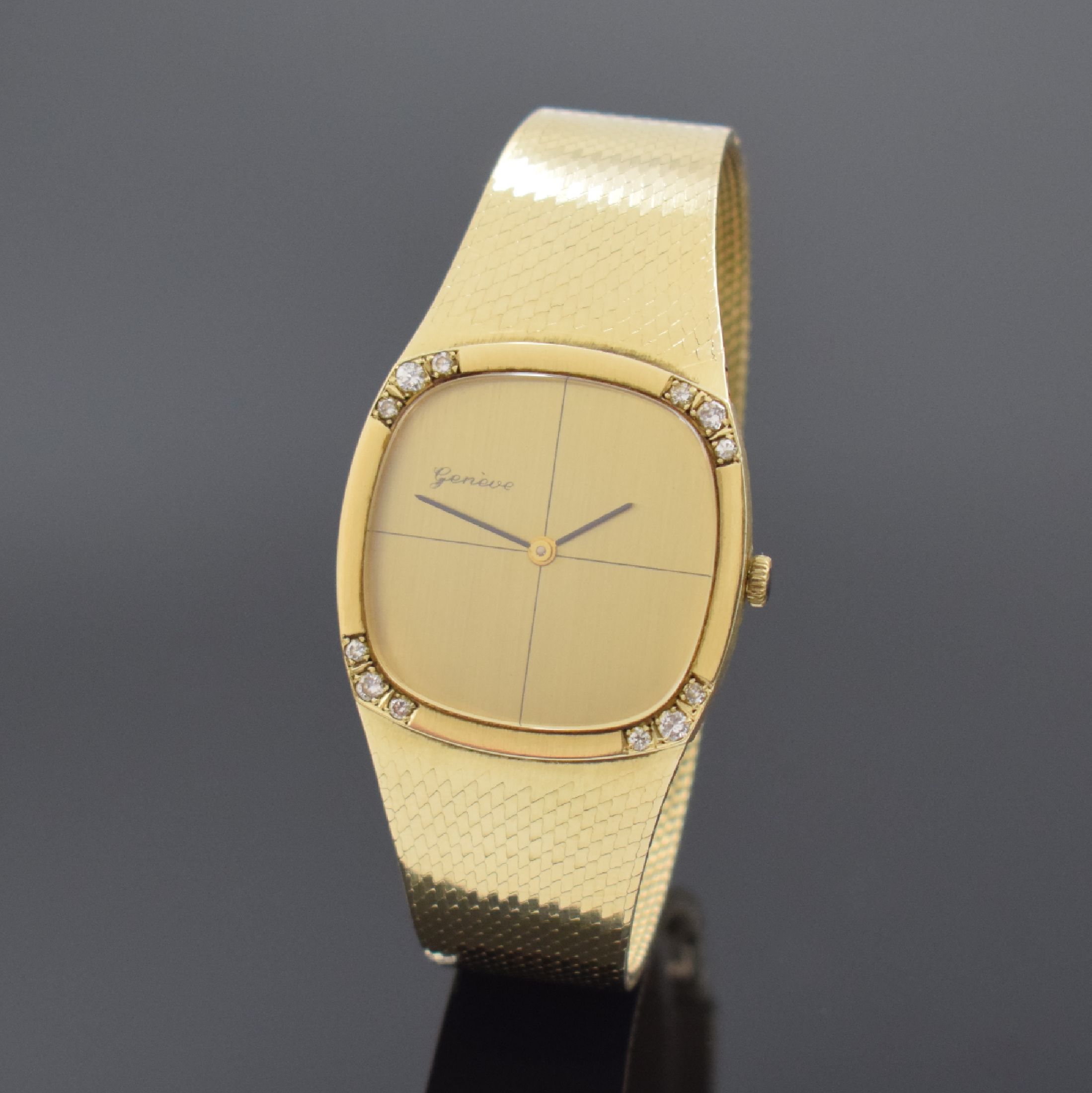 GENEVE diamantbesetzte Herrenarmbanduhr in GG 585/000, Schweiz/Deutschland um 1980, Handaufzug, gedr. Geh. m. integr. Milanaiseband, gold. ...