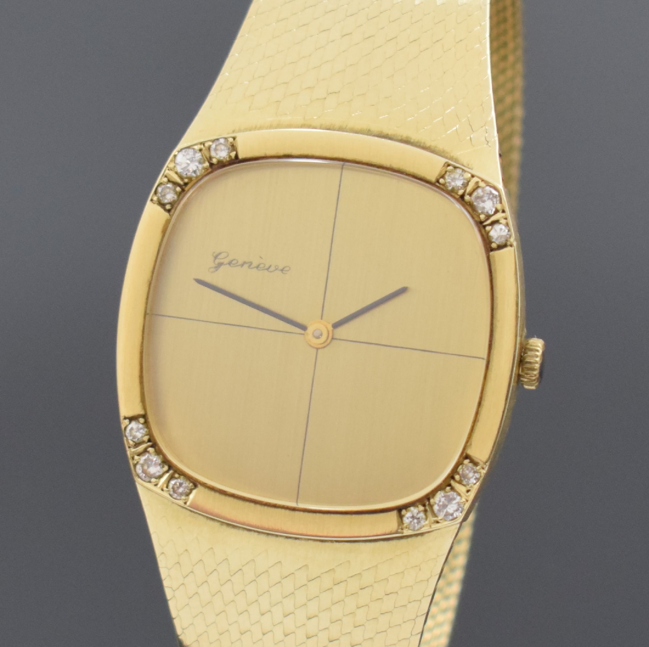 Detail a: GENEVE diamantbesetzte Herrenarmbanduhr in GG 585/000, Schweiz/Deutschland um 1980, Handaufzug, gedr. Geh. m. integr. Milanaiseband, gold. ...
