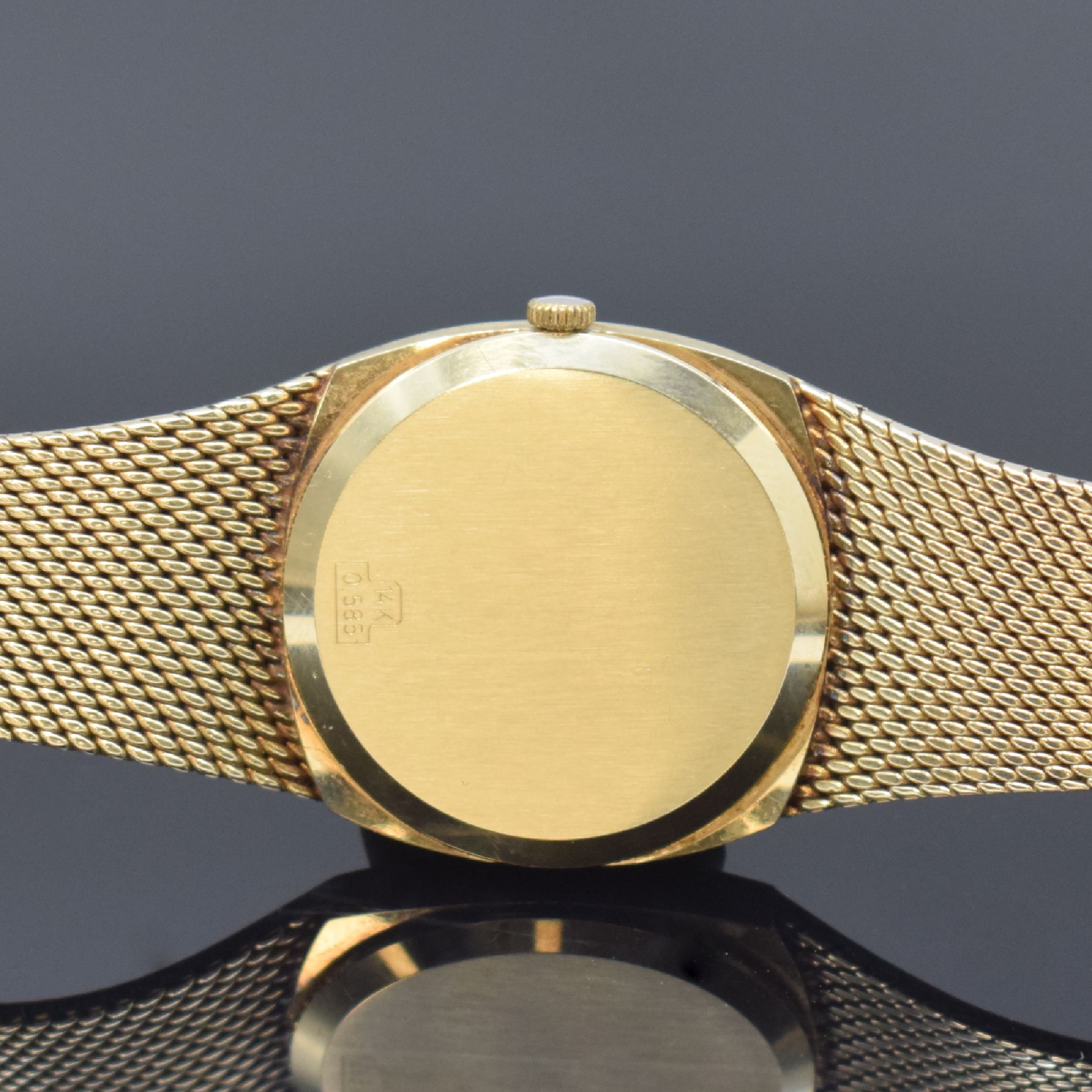 Detail c: GENEVE diamantbesetzte Herrenarmbanduhr in GG 585/000, Schweiz/Deutschland um 1980, Handaufzug, gedr. Geh. m. integr. Milanaiseband, gold. ...