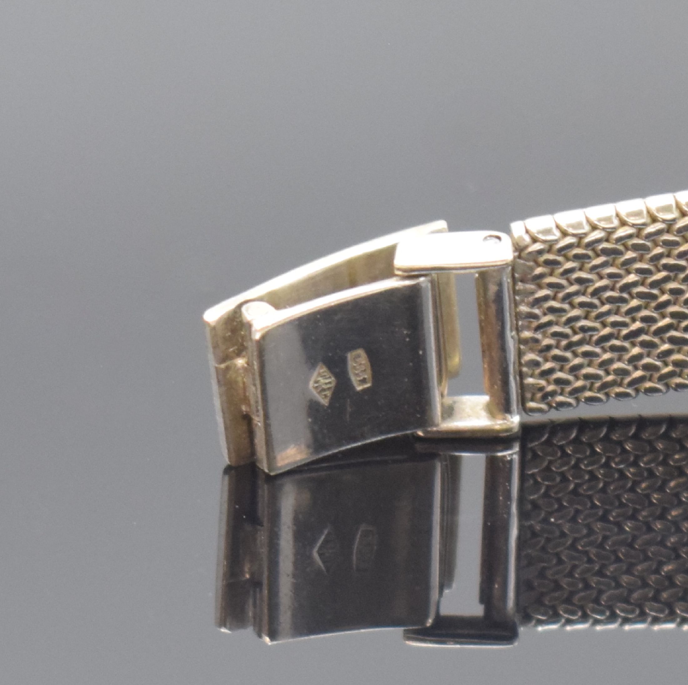 Detail b: EXQUISIT diamantbesetzte Damenarmbanduhr in WG 585/000, Schweiz/Deutschland um 1965, Handaufzug, gedr. Geh., anges. Milanaiseband, silb. Zifferbl., ...