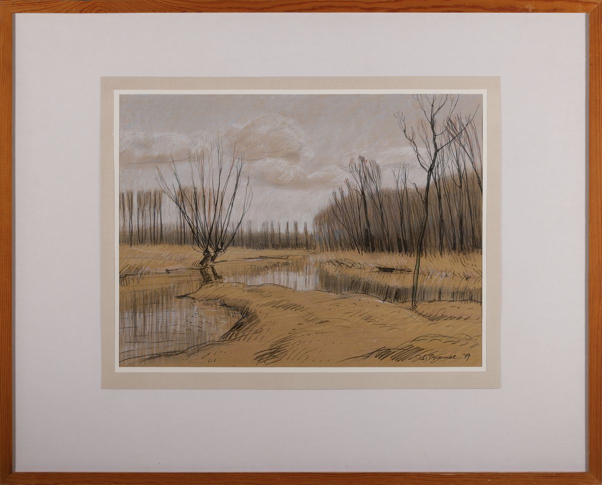 Detail k: Werner Brand, 1933 Löbau-2021 Hochstadt/Pfalz , Altrheinlandschaft, Pastell auf Papier, signiert und datiert 79, unter Glas gerahmt 62x78 cm