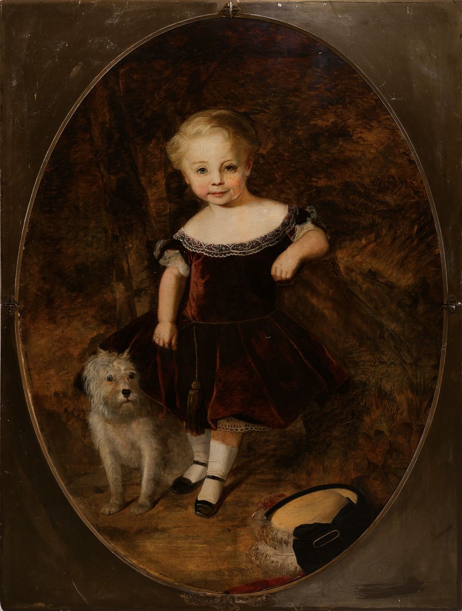 Detail k: Unbekannter Porträtist, um 1890-1900, Ganzporträt eines Kindes mit kleinem Hund, Öl/Lwd, unsigniert, ovaler Bildausschnitt ca. 120x90cm, ...