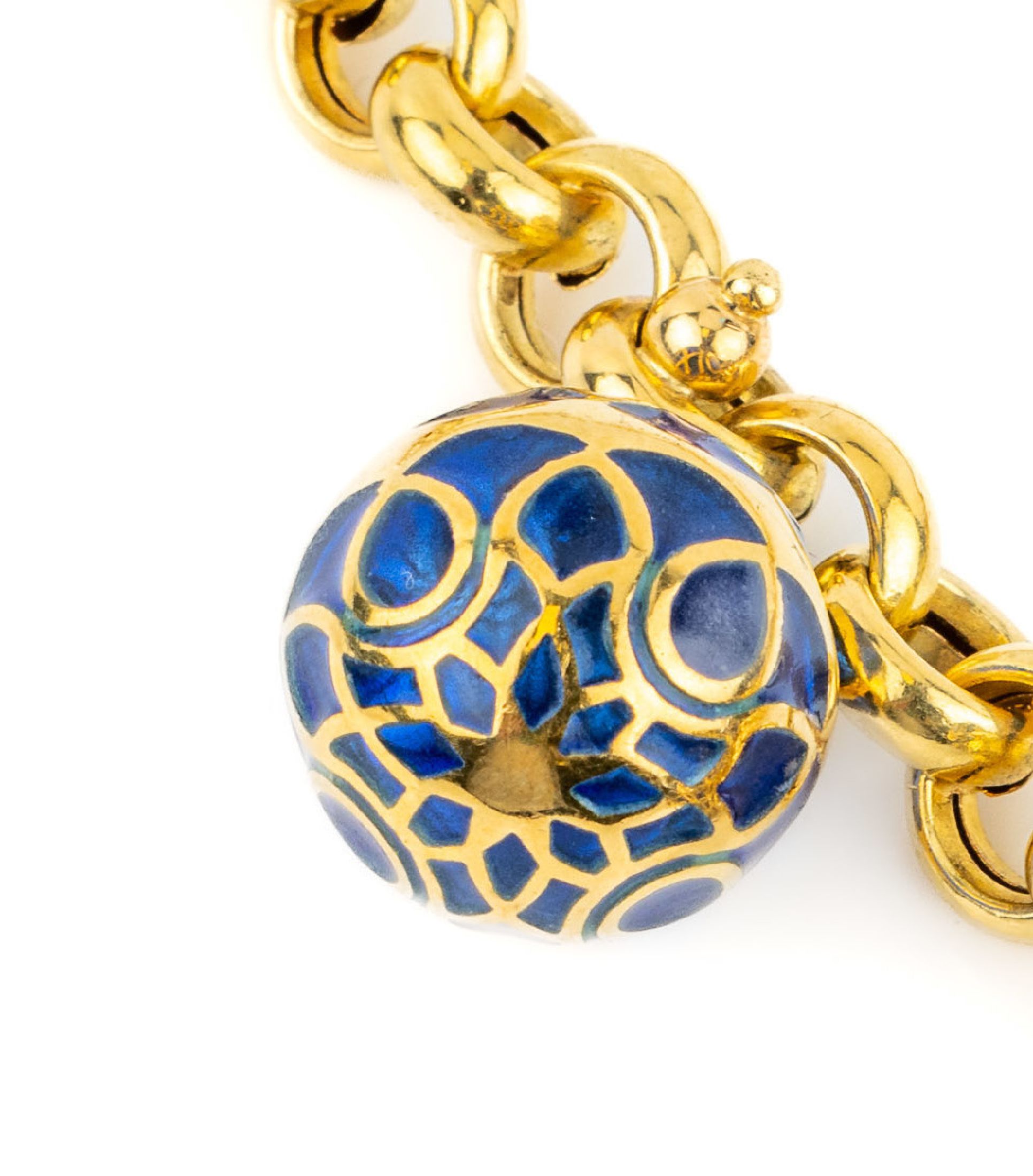 Detail a: 18 kt Gold Brillant-Collier mit Email, GG 750/000, Meistermarke TÄNNLER, Zürich, 5 Kugelanhänger mit blauem Fensteremail, 27 Brillanten zus. ca. ...