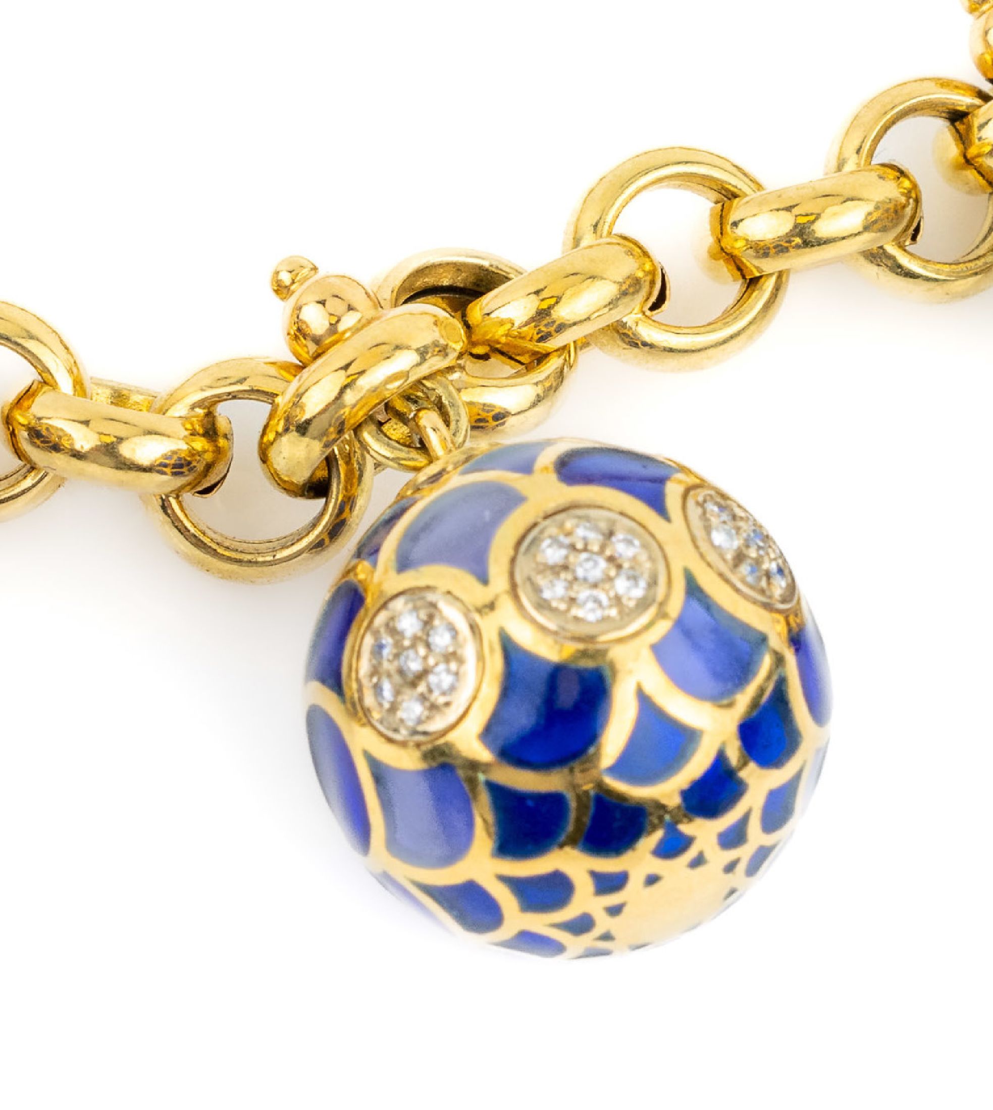 Detail c: 18 kt Gold Brillant-Collier mit Email, GG 750/000, Meistermarke TÄNNLER, Zürich, 5 Kugelanhänger mit blauem Fensteremail, 27 Brillanten zus. ca. ...