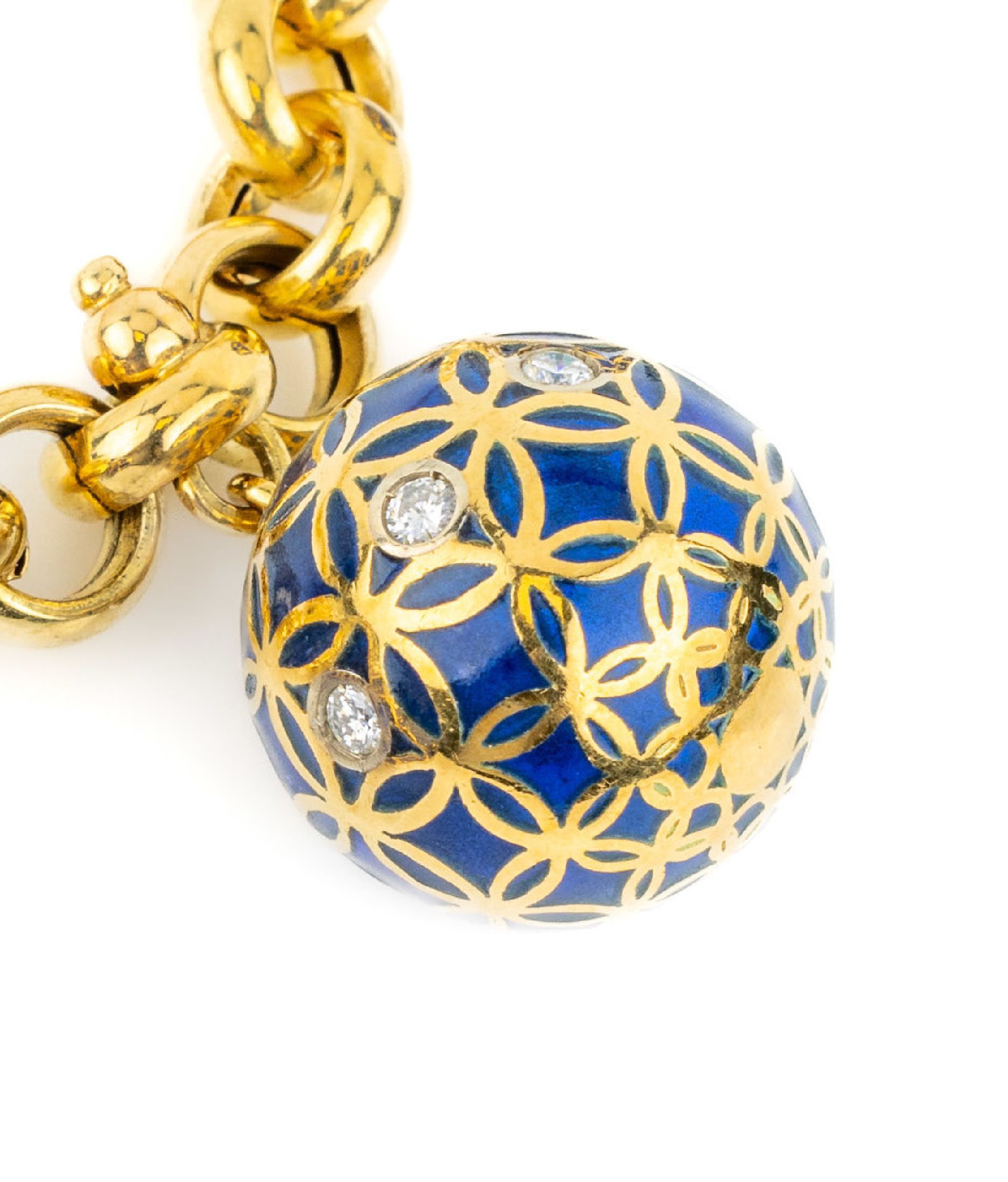 Detail d: 18 kt Gold Brillant-Collier mit Email, GG 750/000, Meistermarke TÄNNLER, Zürich, 5 Kugelanhänger mit blauem Fensteremail, 27 Brillanten zus. ca. ...