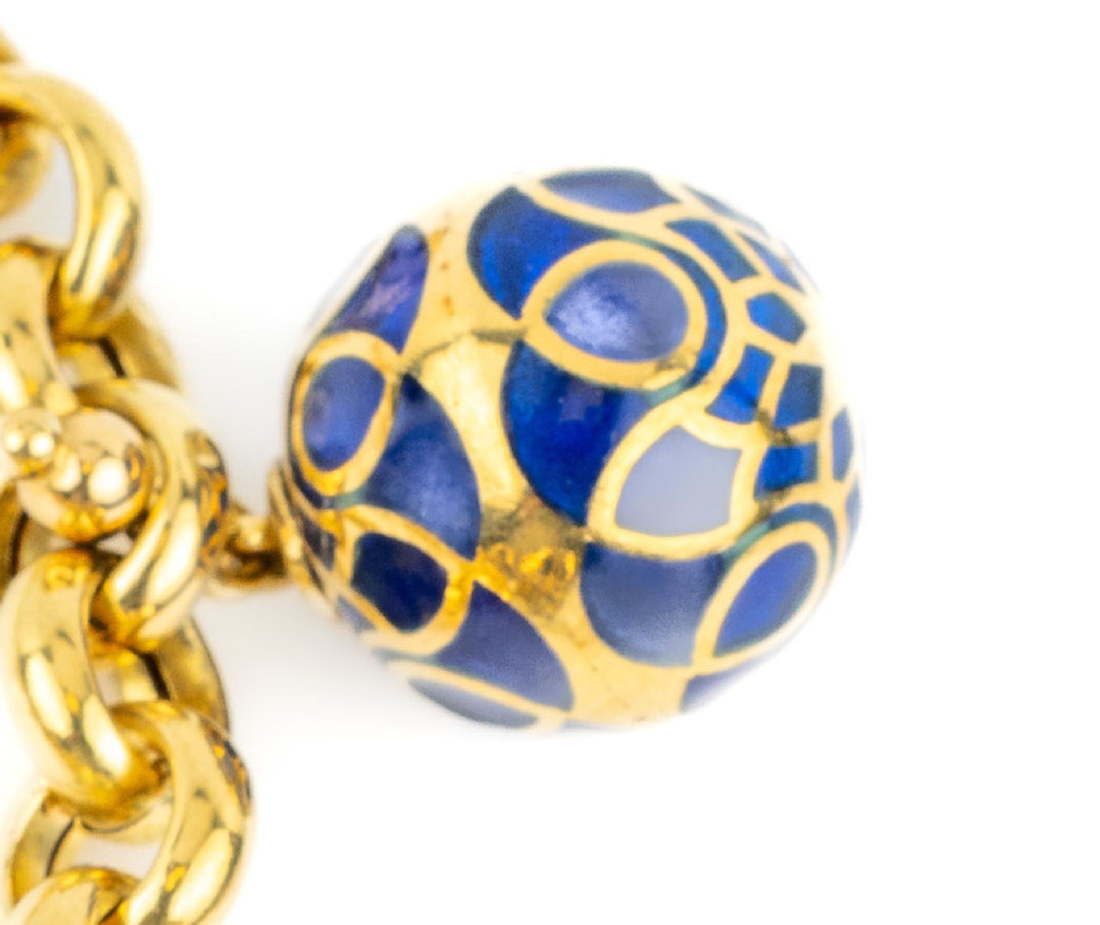 Detail e: 18 kt Gold Brillant-Collier mit Email, GG 750/000, Meistermarke TÄNNLER, Zürich, 5 Kugelanhänger mit blauem Fensteremail, 27 Brillanten zus. ca. ...