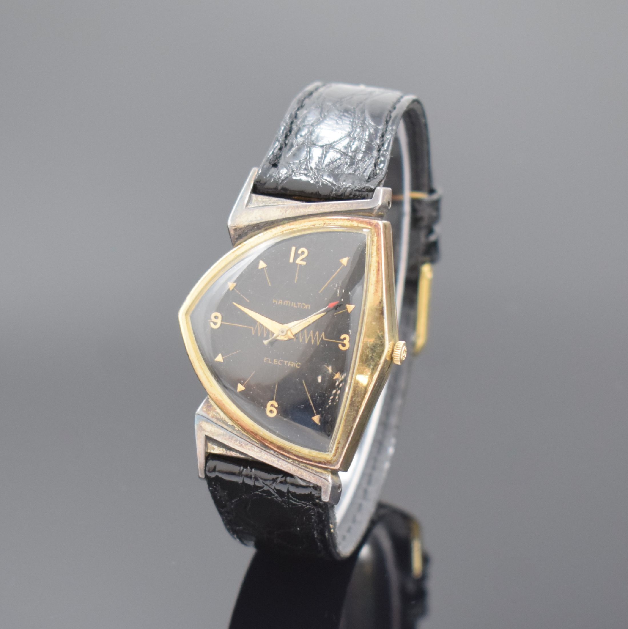 HAMILTON Electric seltene vergoldete Armbanduhr, USA um 1960, eine der ersten elektromechanischen Uhren, asymmetrisches Geh. teils angel., Boden ...