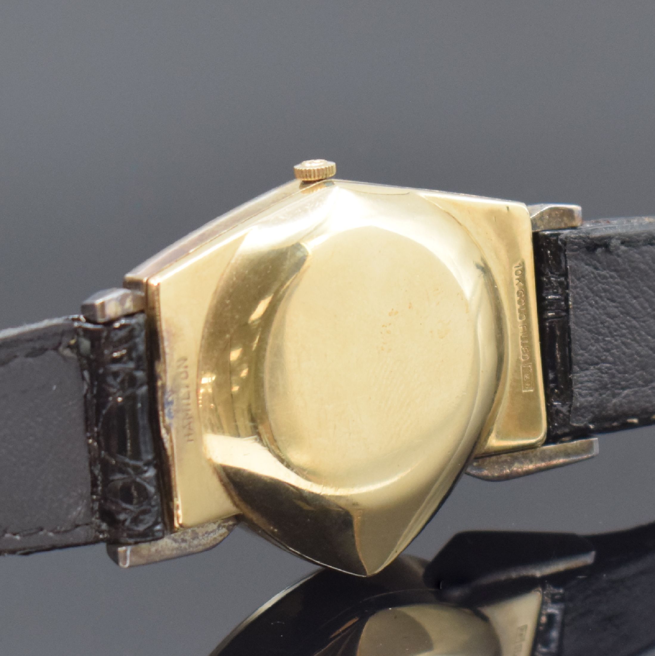 Detail c: HAMILTON Electric seltene vergoldete Armbanduhr, USA um 1960, eine der ersten elektromechanischen Uhren, asymmetrisches Geh. teils angel., Boden ...
