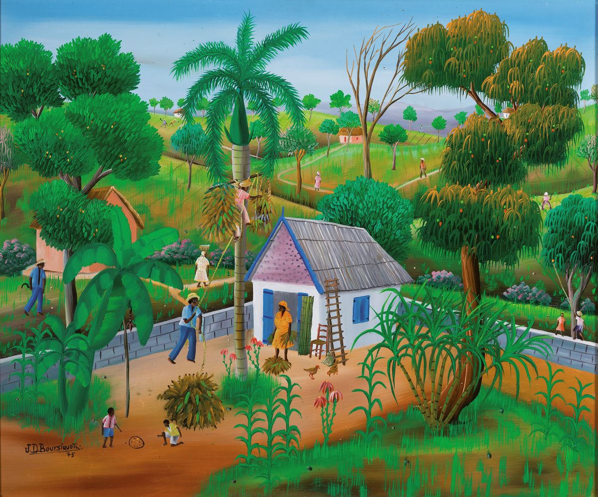Jean David Bouriquot, geb. 1949, zeitgen. Maler aus Haiti, Menschen bei der Gartenarbeit, Öl/Hartfaser, links unten signiert und dat. 75, ca. ...