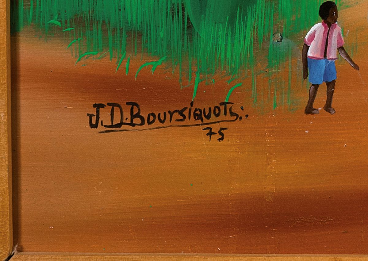 Detail e: Jean David Bouriquot, geb. 1949, zeitgen. Maler aus Haiti, Menschen bei der Gartenarbeit, Öl/Hartfaser, links unten signiert und dat. 75, ca. ...