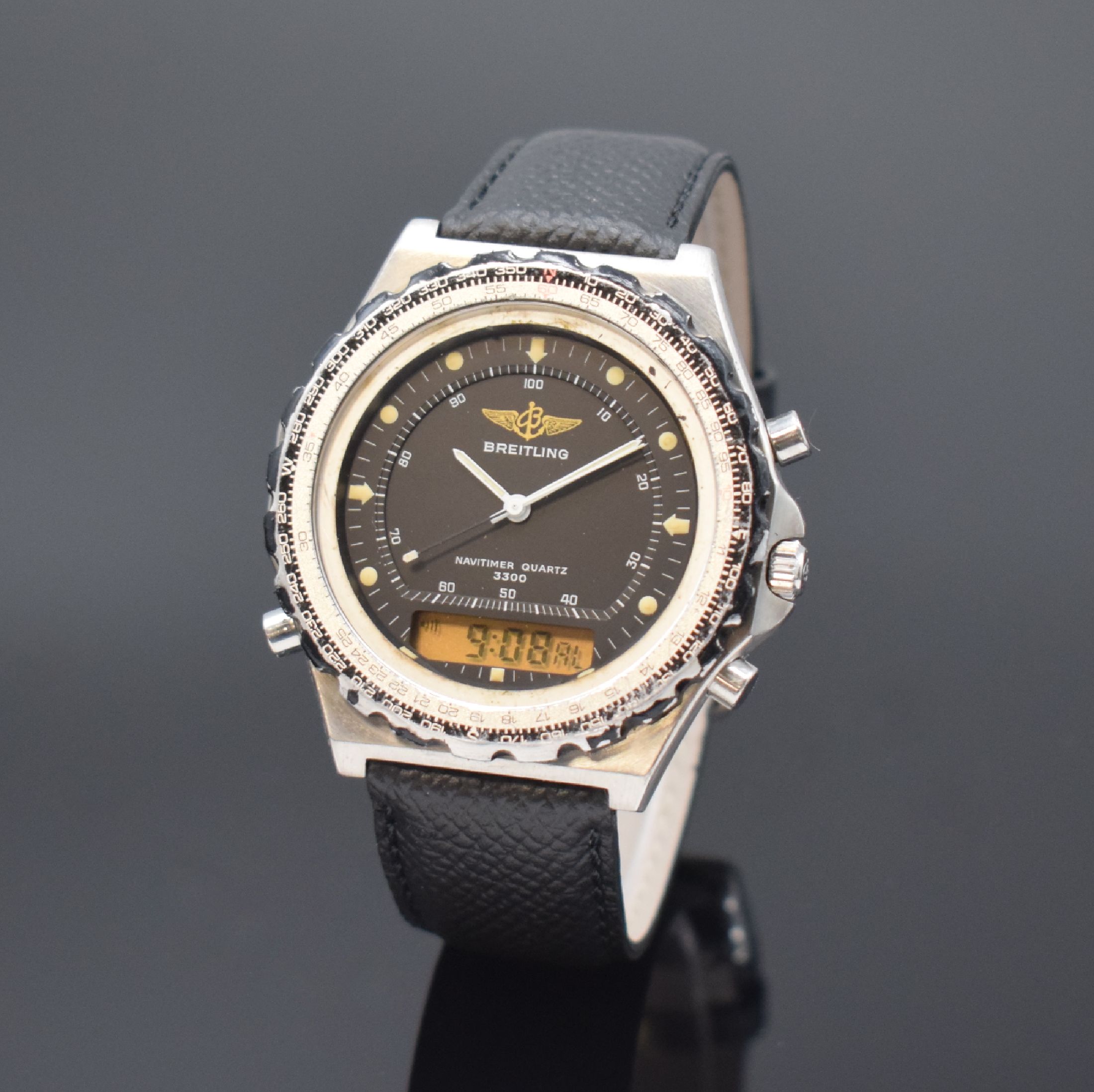 BREITLING Multifunktion-Armbanduhr Serie Navitimer Quartz 3300 "Jupiter", Schweiz um 1985, Ref. 80972, verschr. Edelstahlgeh., Lünette m. ...