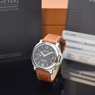 Image OFFICINE PANERAI Luminor Marina PAM00048 on 2300 pieces limited gents wristwatch, self winding, stainless steel case, screwed down case back, winding crown under protection bow, neutral leather strap with butterfly buckle, black dial with luminous indices, luminous hands, date, diameter approx. 40 mm, original box and papers enclosed, condition 2